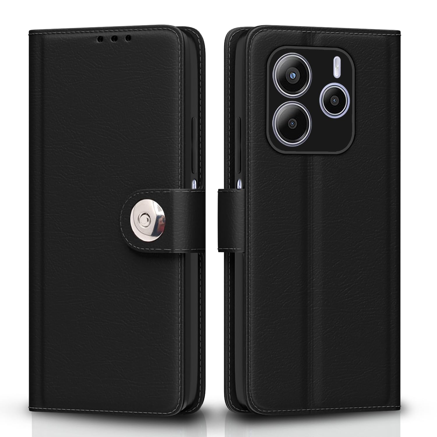 Redmi Note 14 5G Button wallet flip cover in black by Pikkme