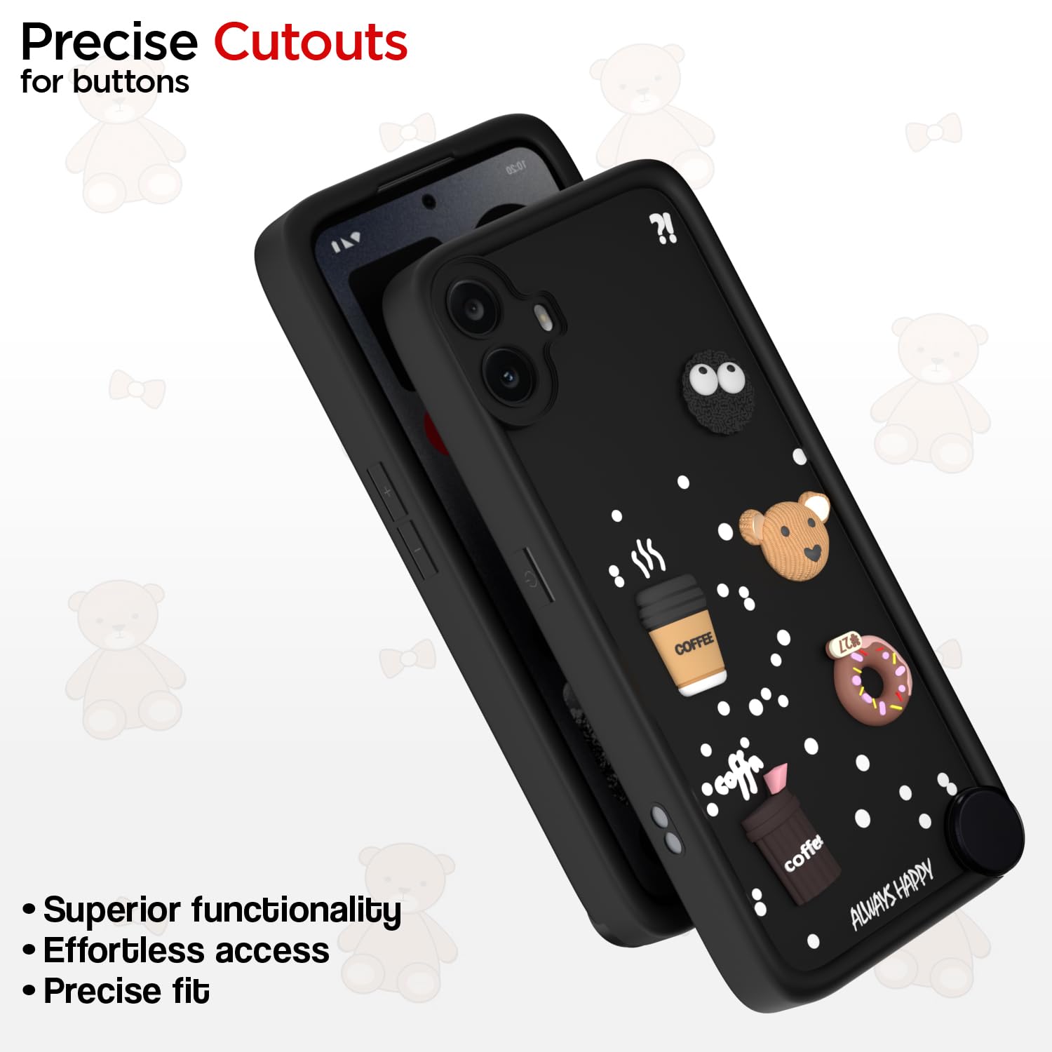 Pikkme CMF by Nothing Phone 1 Cute Fun Cartoon 3D Bear Coffee Back Cover (Black)