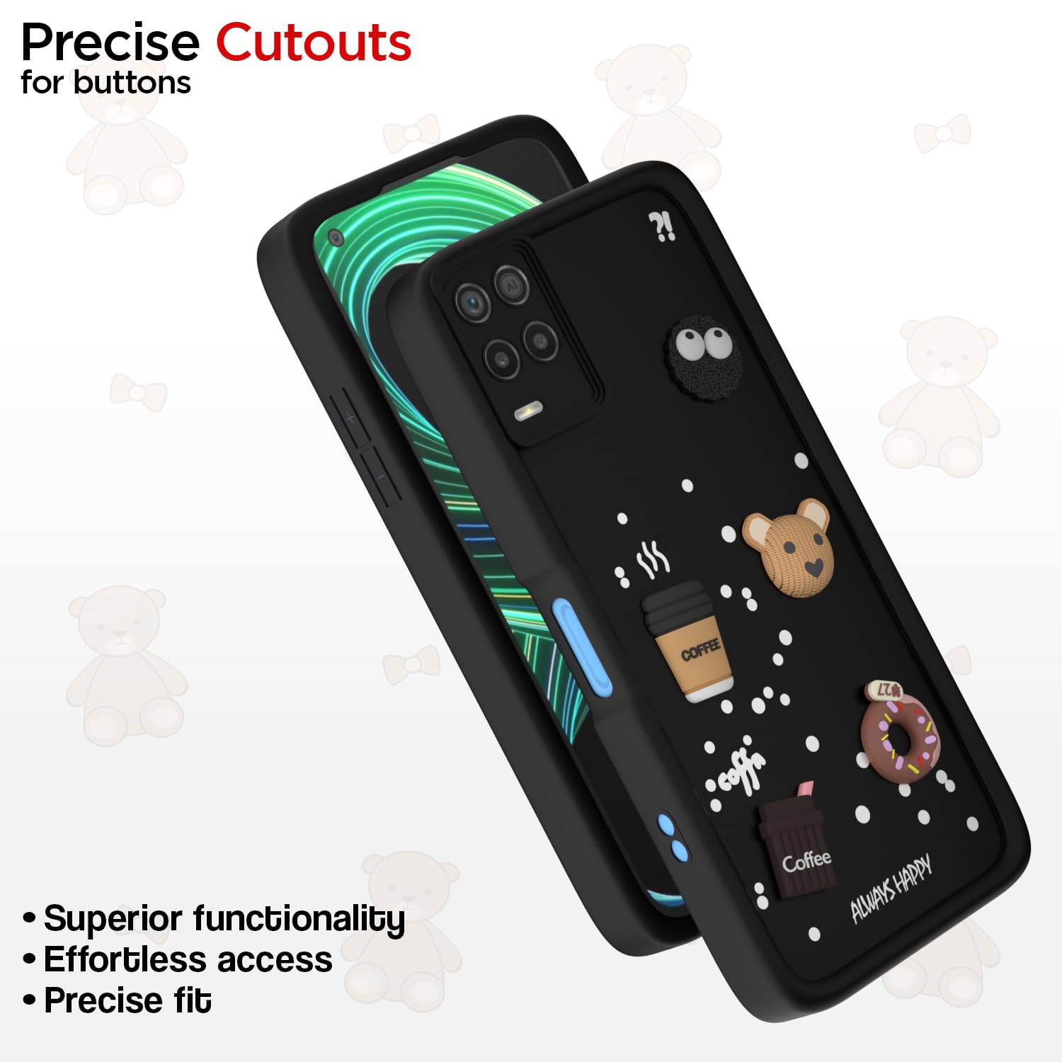 Pikkme Realme 8 4G / 8 Pro Cute Fun Cartoon 3D Bear Coffee Back Cover (Black)