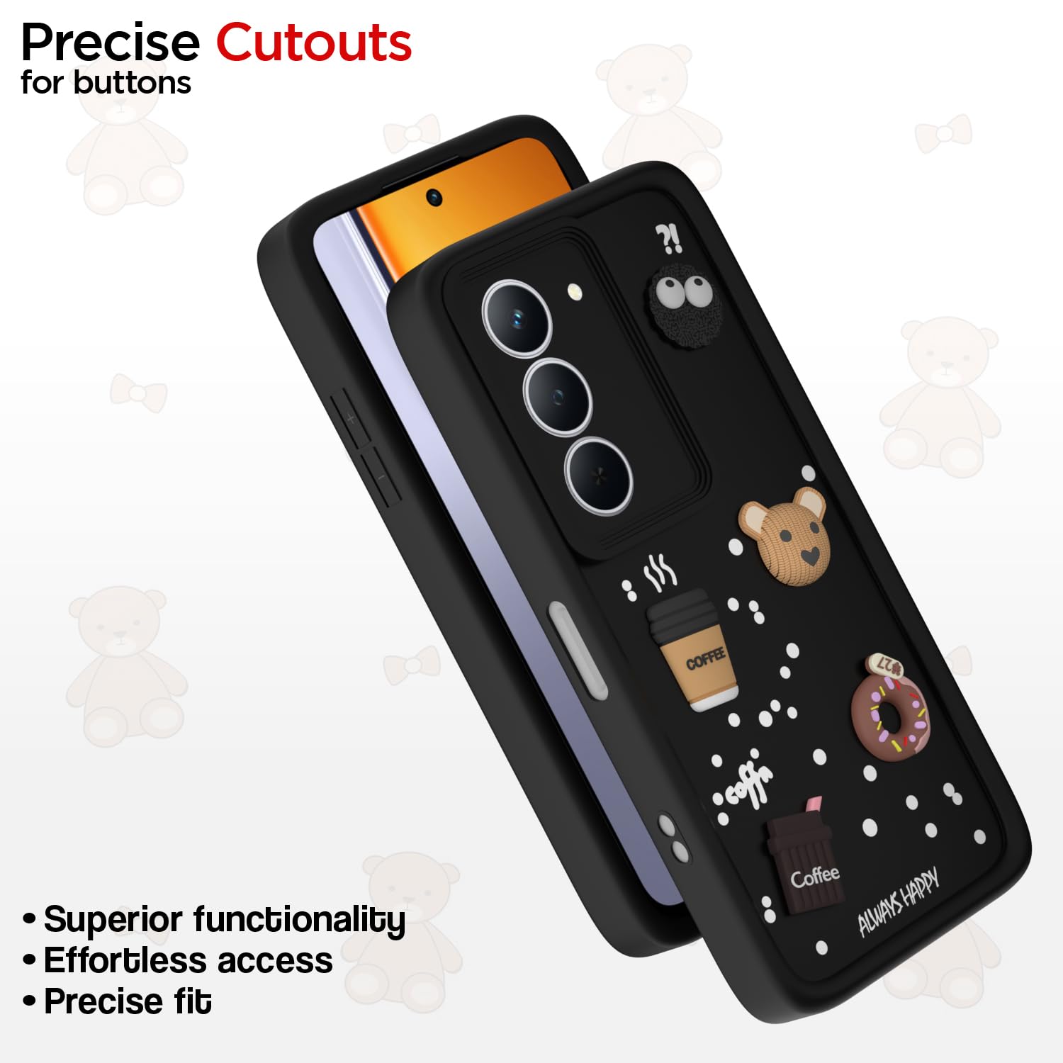 Pikkme Realme Narzo 80x 5G / Realme P3x 5G Cute Fun Cartoon 3D Bear Coffee Back Cover (Black)