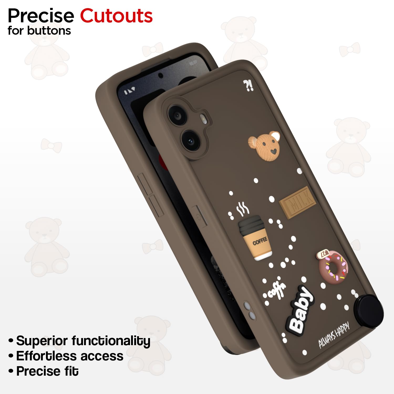 Pikkme CMF by Nothing Phone 1 Cute Fun Cartoon 3D Bear Coffee Back Cover (Brown)