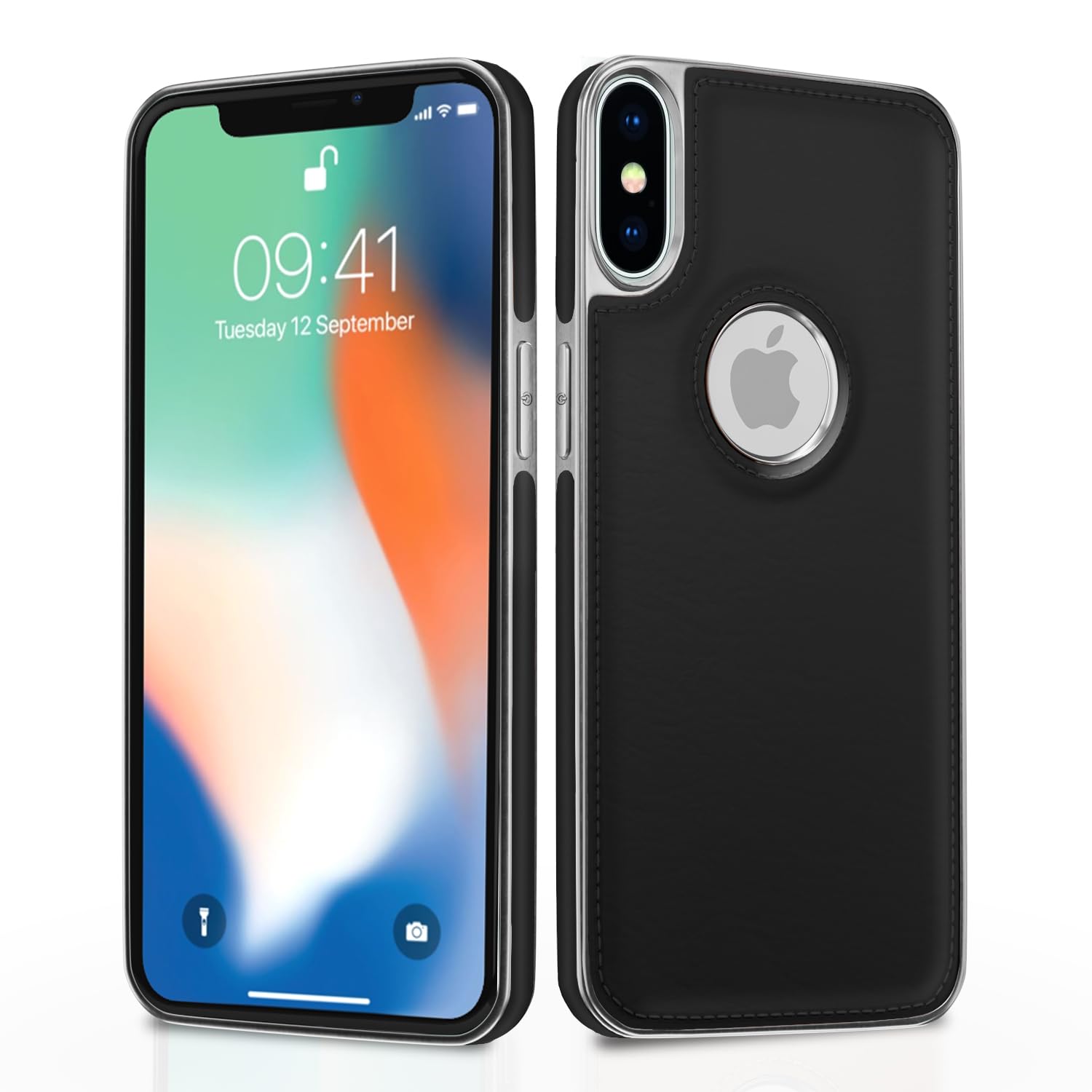 iPhone x Leather Chrome Back Case -Black