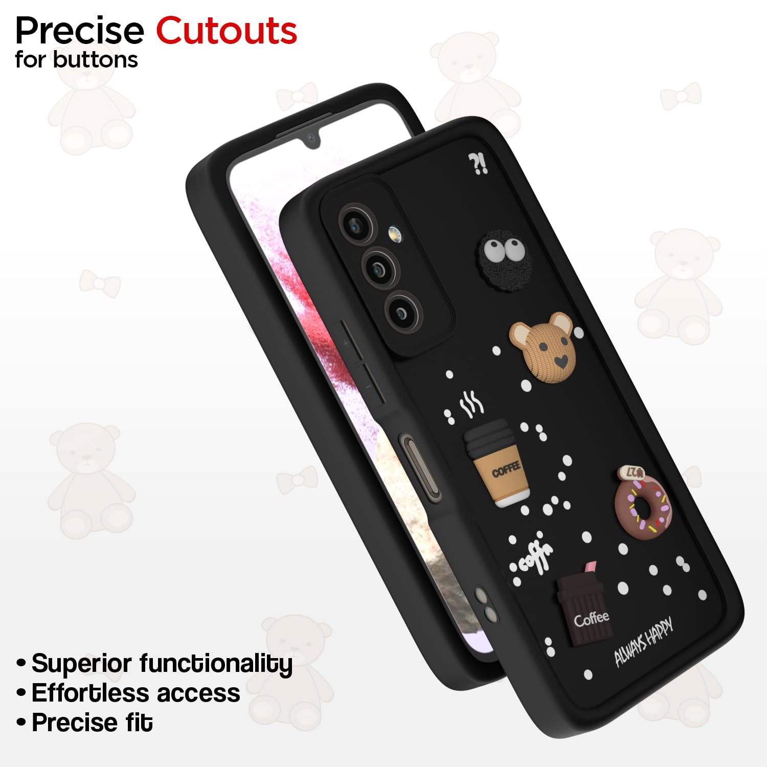 Pikkme Samsung Galaxy F23 5G Cute Fun Cartoon 3D Bear Coffee Back Cover (Black)