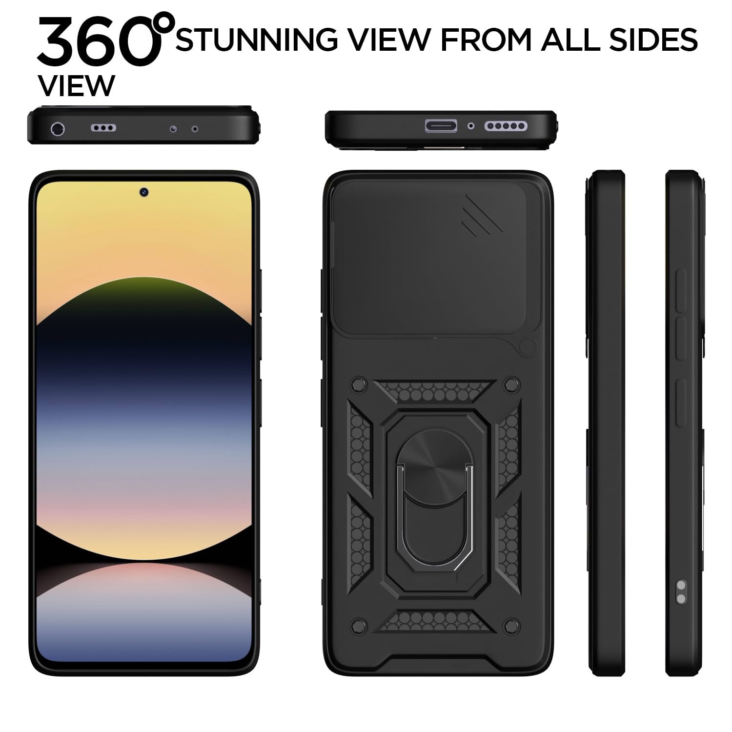 Pikkme Redmi Note 14 5G Sliding Camera Shield & Stand D10 Tough Armor Back Cover (Black)