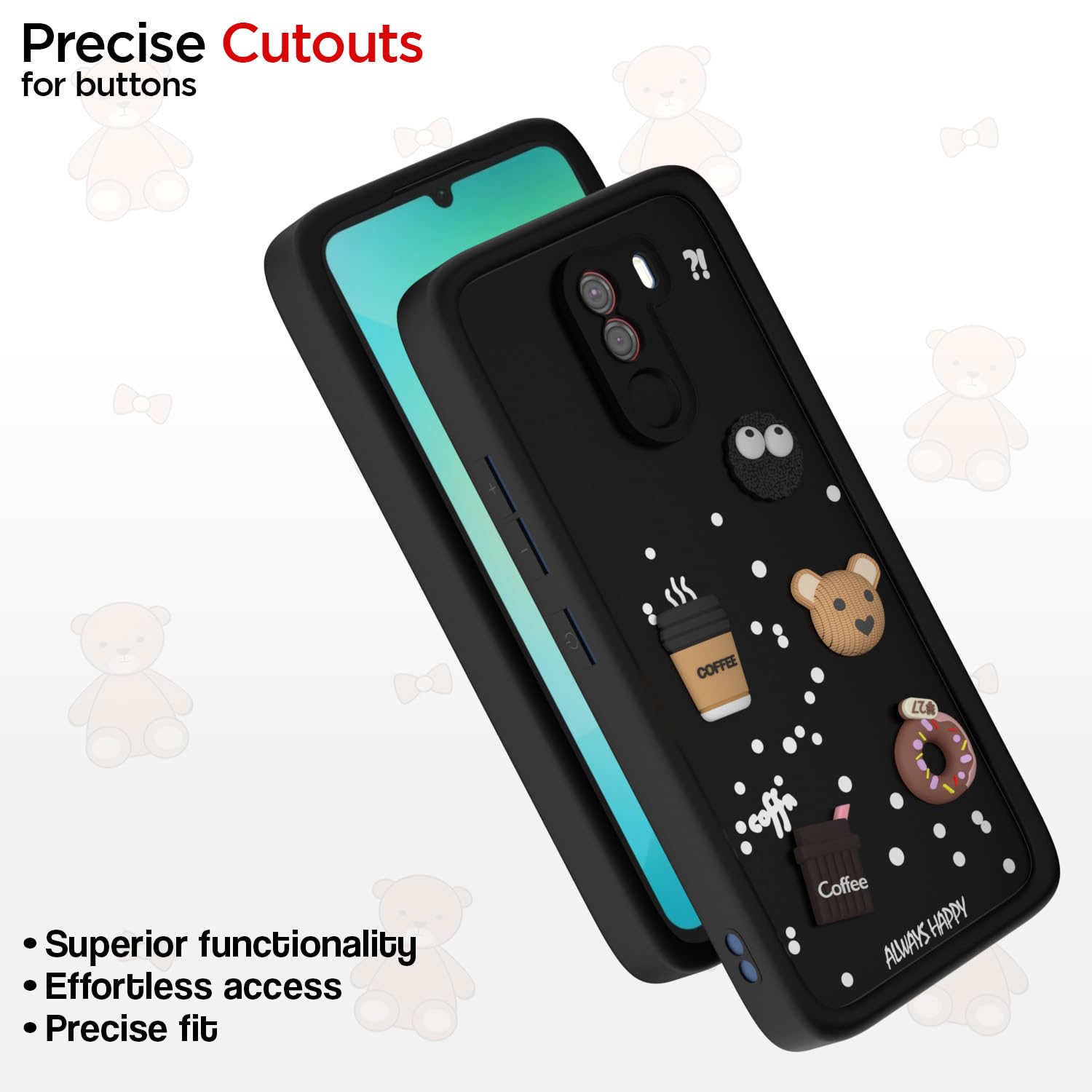 Pikkme Poco F1 Cute Fun Cartoon 3D Bear Coffee Back Cover (Black)