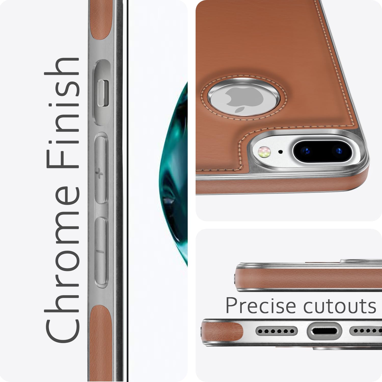 Pikkme iPhone 7 Plus/8 Plus Silver Electroplated Chrome Leather Back Cover (Tan)
