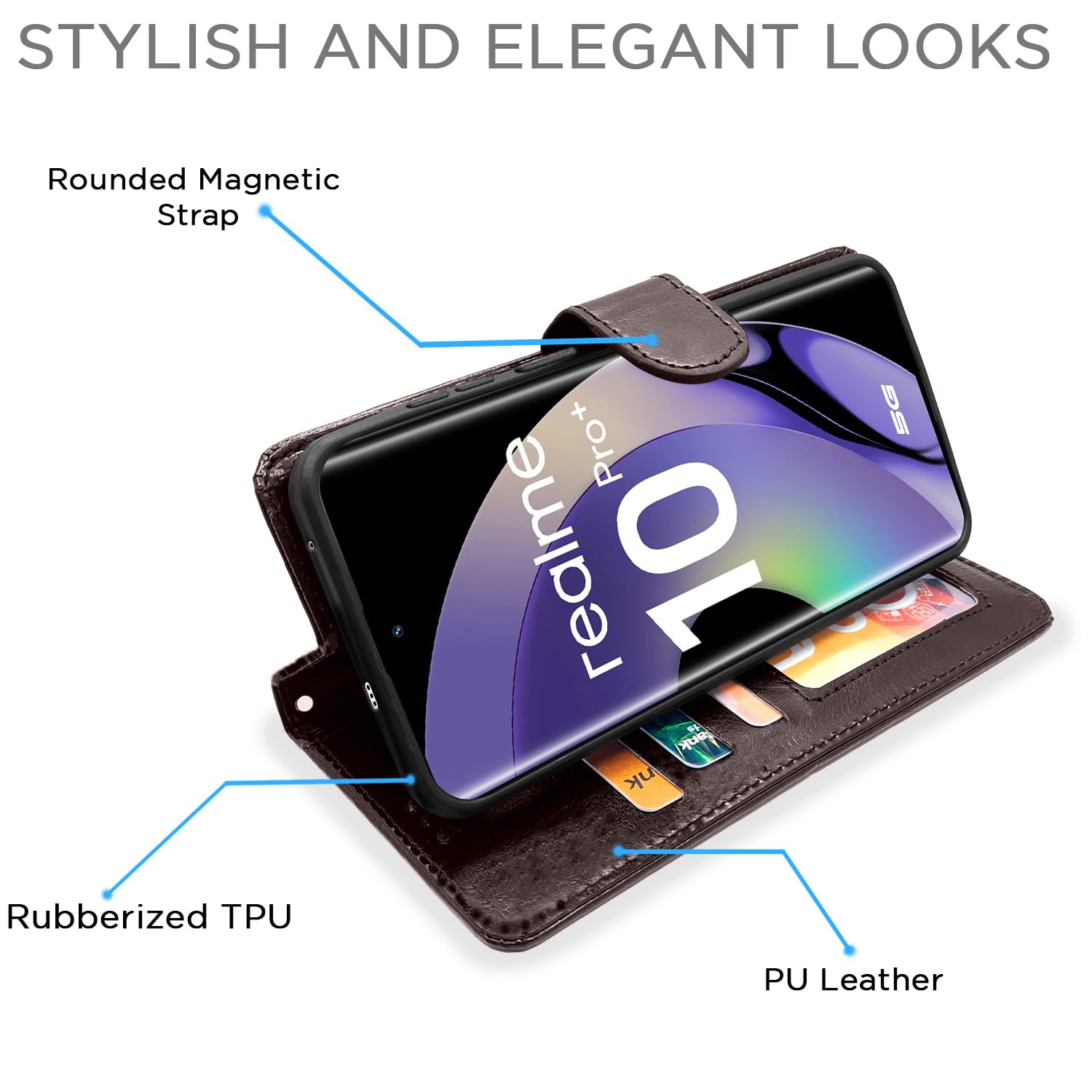 Pikkme Realme 10 Pro Plus Vintage Flip Cover (Coffee)