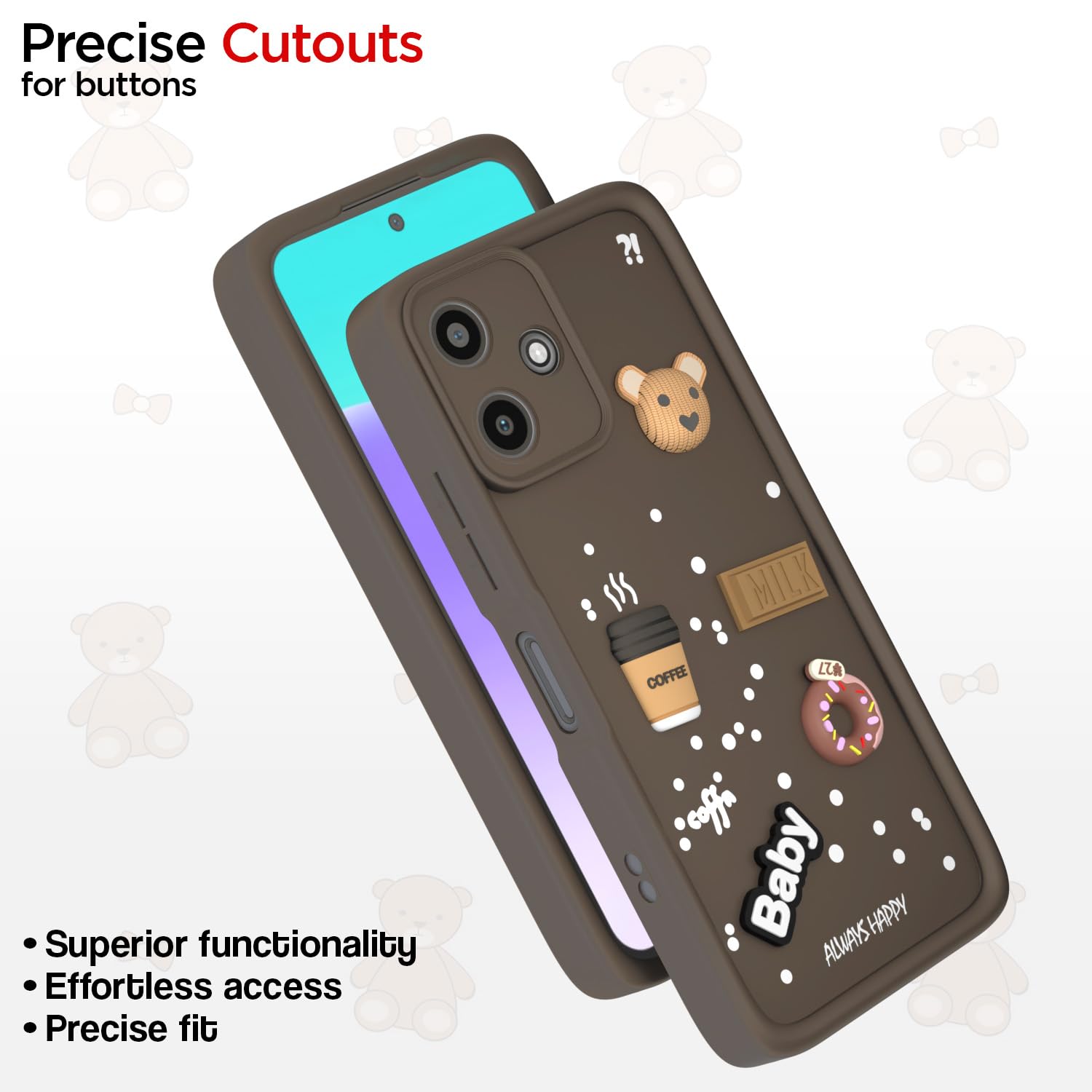 Pikkme Redmi 12 5G / Poco M6 Pro 5G Cute Fun Cartoon 3D Bear Coffee Back Cover (Brown)