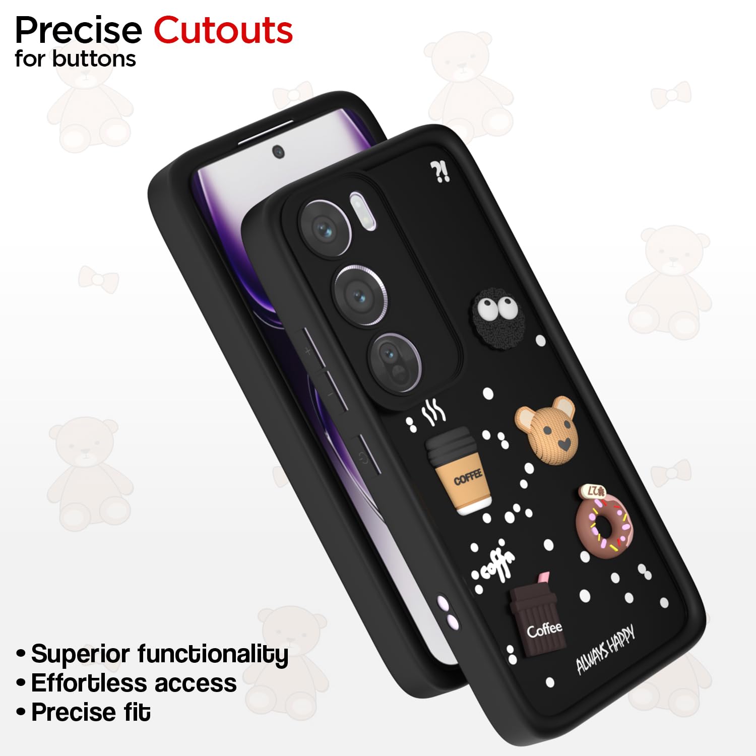 Pikkme Oppo Reno 12 Pro 5G Cute Fun Cartoon 3D Bear Coffee Back Cover (Black)