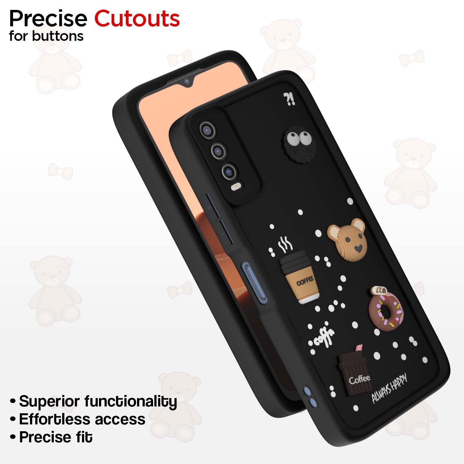 Pikkme Vivo Y12s / Y20 / Y20i / Y20G | Cute Fun Cartoon 3D Bear Coffee Back Cover (Black)