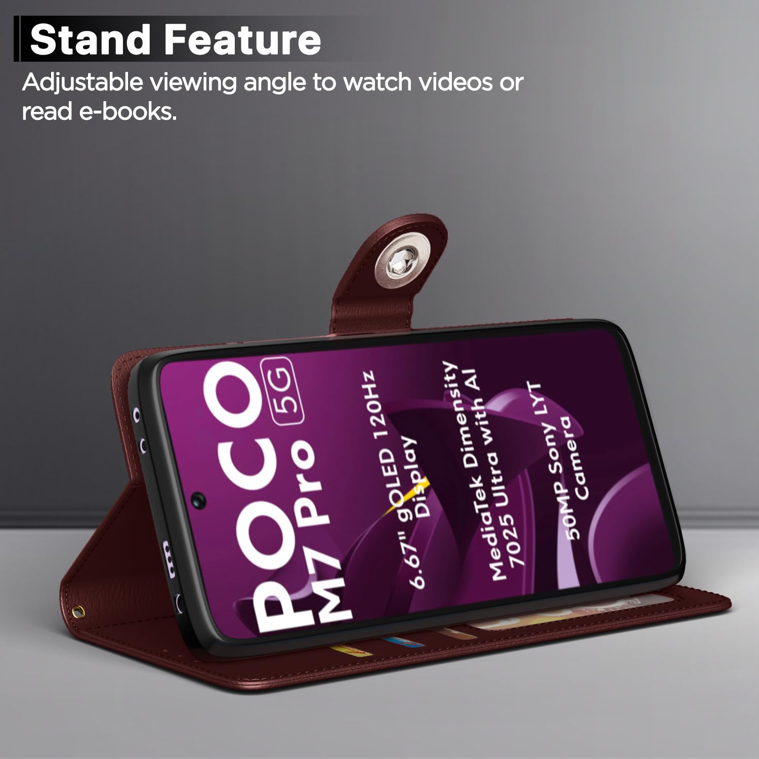 Pikkme brown Button wallet flip cover for POCO M7 Pro 5G – photo 3