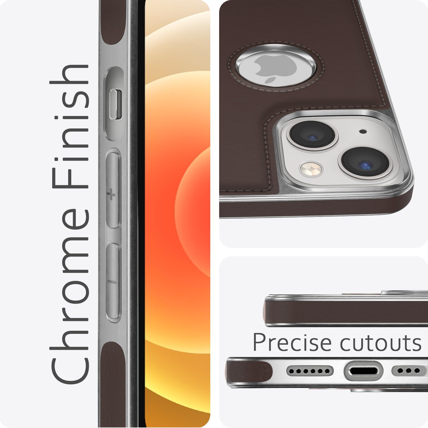 Pikkme iPhone 13 Silver Electroplated Chrome Leather Back Cover (Coffee)