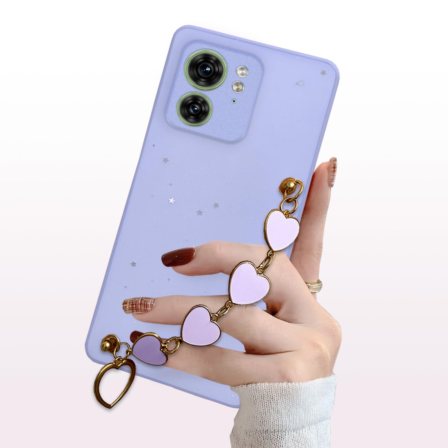 Pikkme Moto Edge 40 Back Cover for Girls | Heart Shaped Metal Chain Blocks | Sparkling Soft TPU | Case for Moto Edge 40 (Purple)