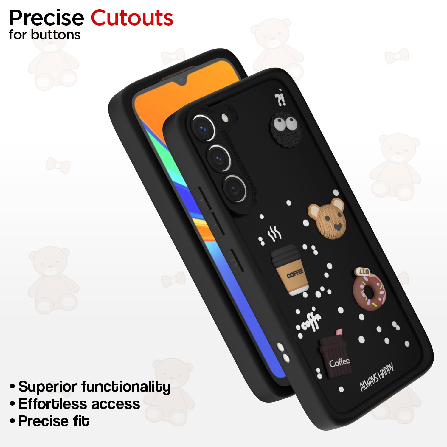 Pikkme Samsung Galaxy S23 5G Cute Fun Cartoon 3D Bear Coffee Back Cover (Black)