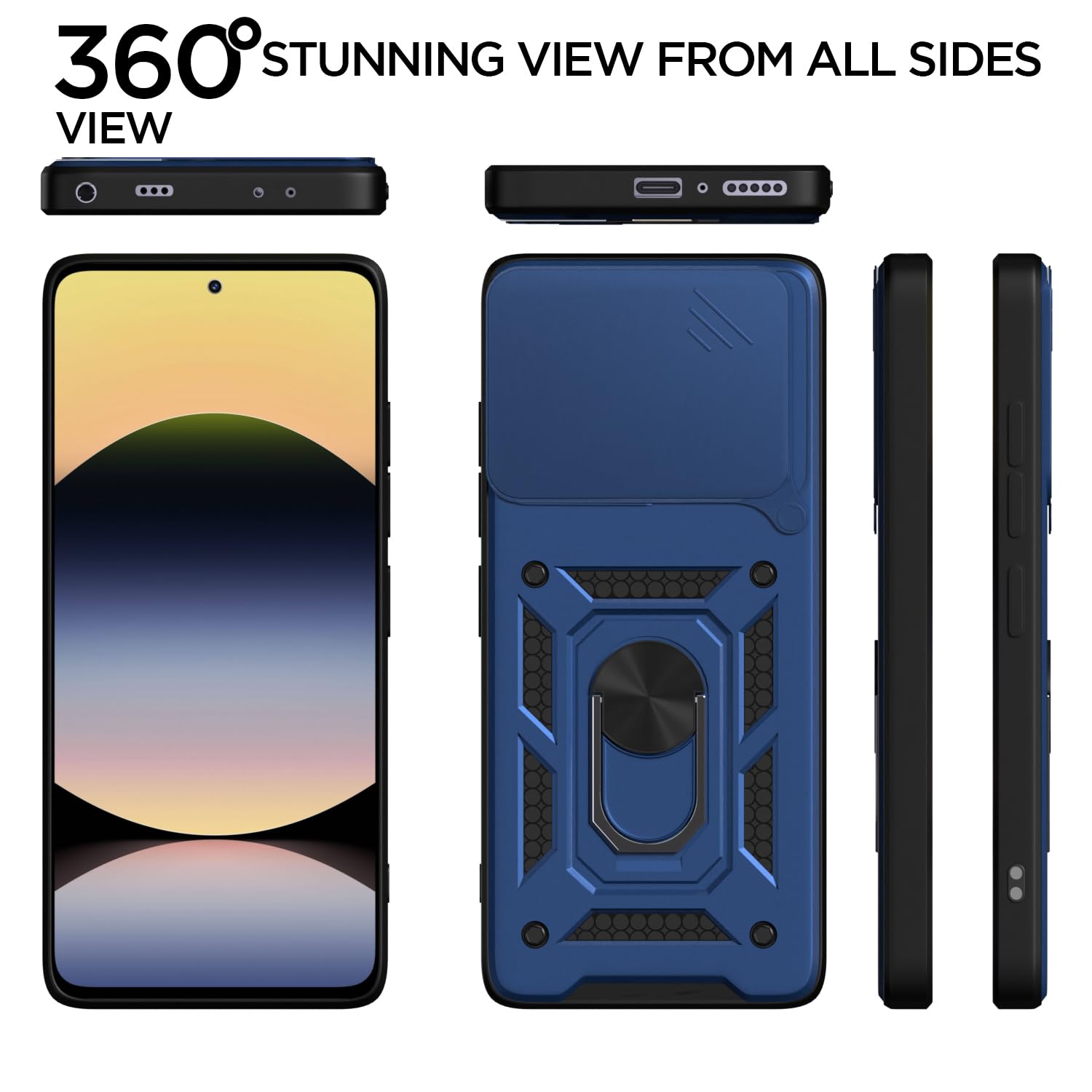 Pikkme Redmi Note 14 5G Sliding Camera Shield & Stand D10 Tough Armor Back Cover (Blue)