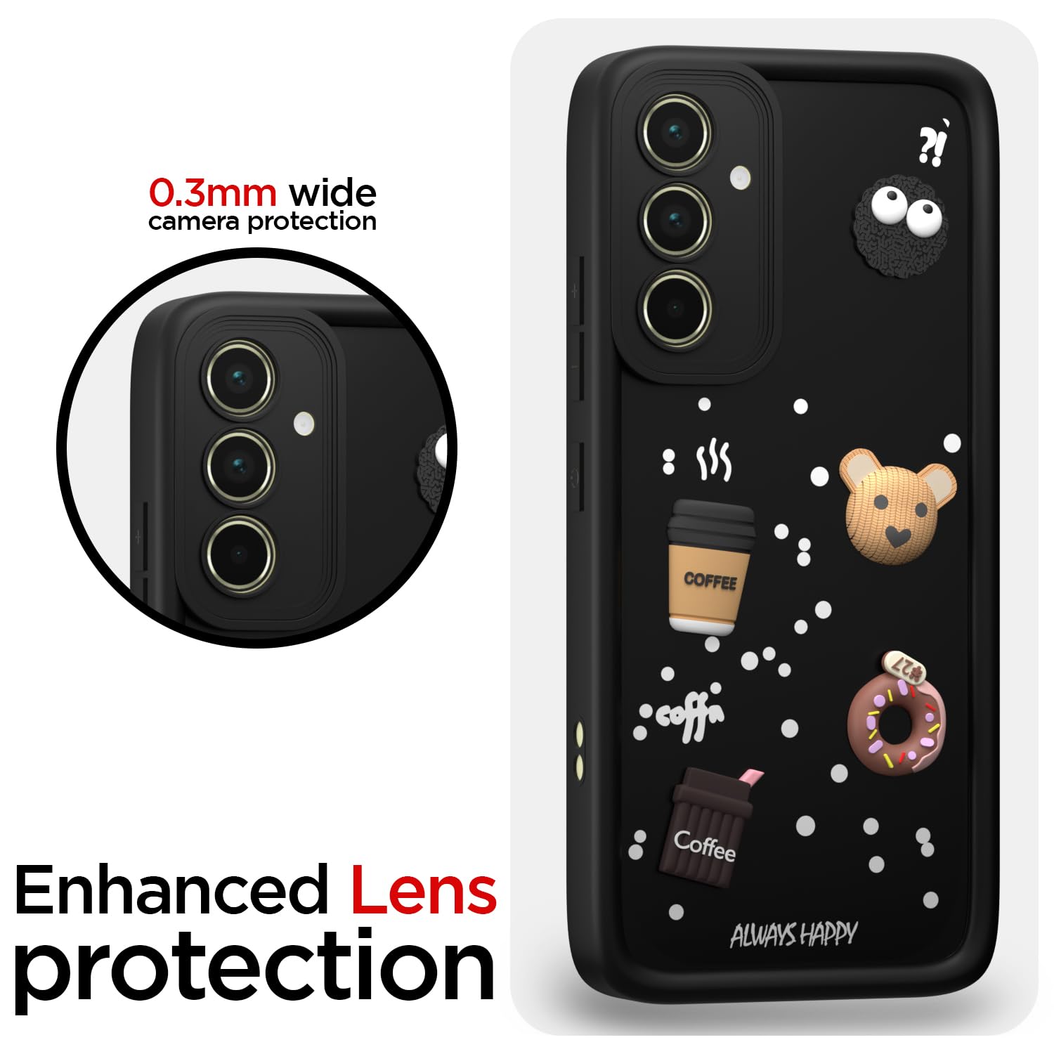 Pikkme Samsung Galaxy A55 5G Cute Fun Cartoon 3D Bear Coffee Back Cover (Black)