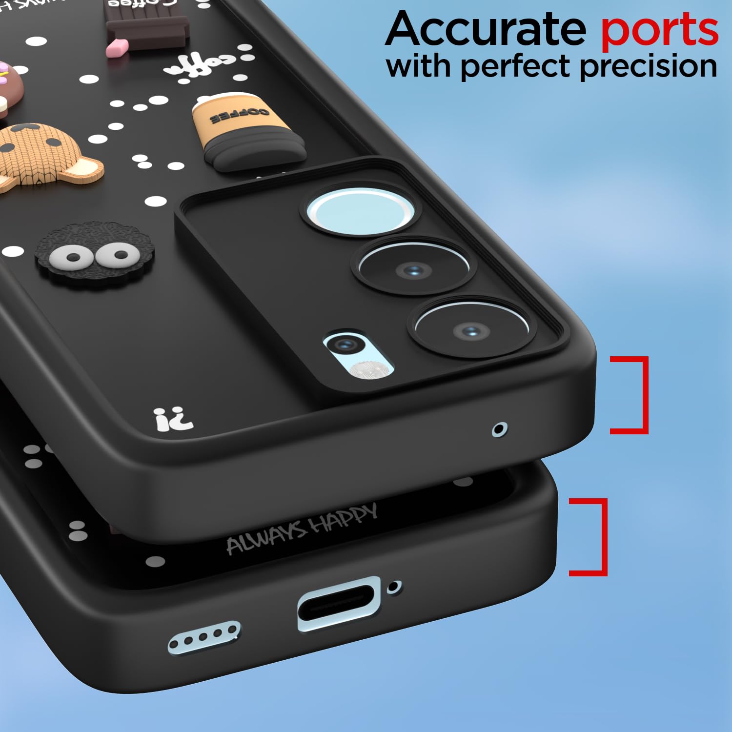 Pikkme Vivo V29 5G / V29 Pro 5G Cute Fun Cartoon 3D Bear Coffee Back Cover (Black)