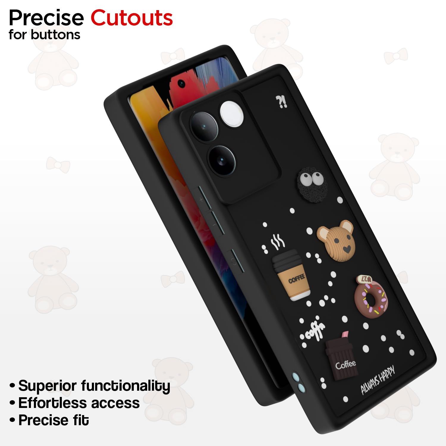 Pikkme iQOO Z7 Pro 5G Cute Fun Cartoon 3D Bear Coffee Back Cover (Black)