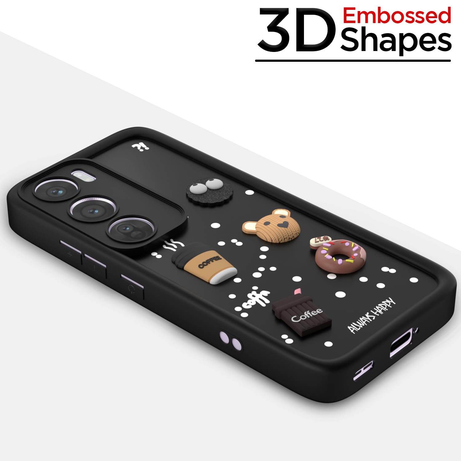 Pikkme Oppo Reno 12 Pro 5G Cute Fun Cartoon 3D Bear Coffee Back Cover (Black)