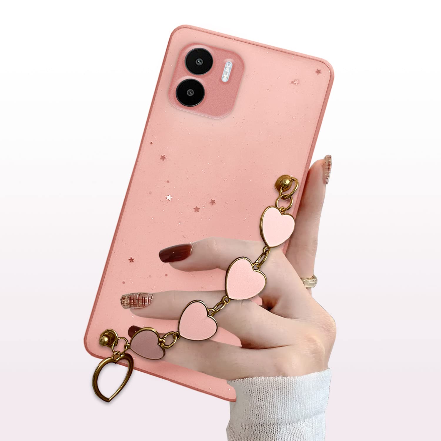 Pikkme Redmi A1 | Redmi A2 Back Cover for Girls | Heart Shaped Metal Chain Blocks | Sparkling Soft TPU | Case for Redmi A1 | Redmi A2 (Pink)