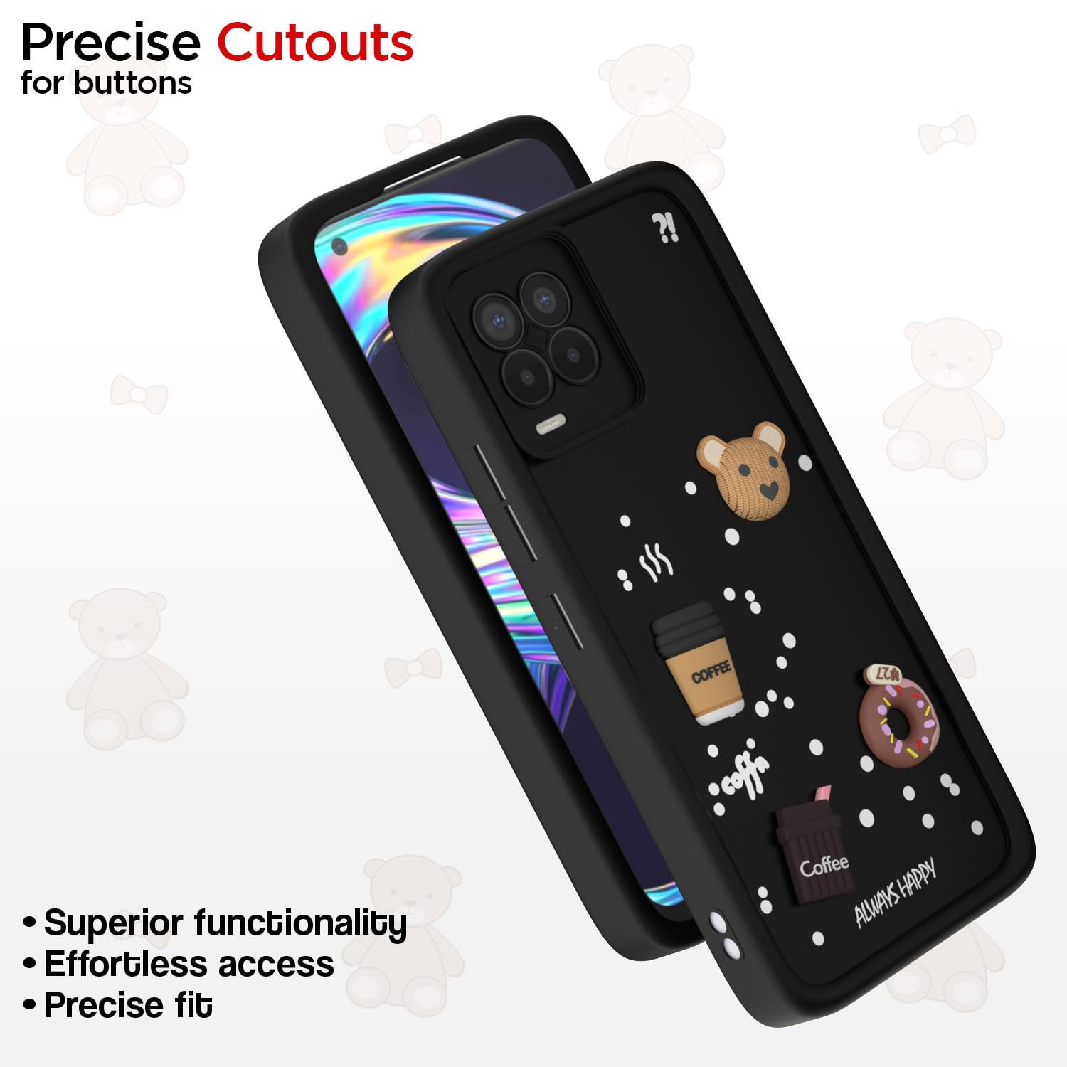 Pikkme Realme 8 4G / 8 Pro Cute Fun Cartoon 3D Bear Coffee Back Cover (Black)