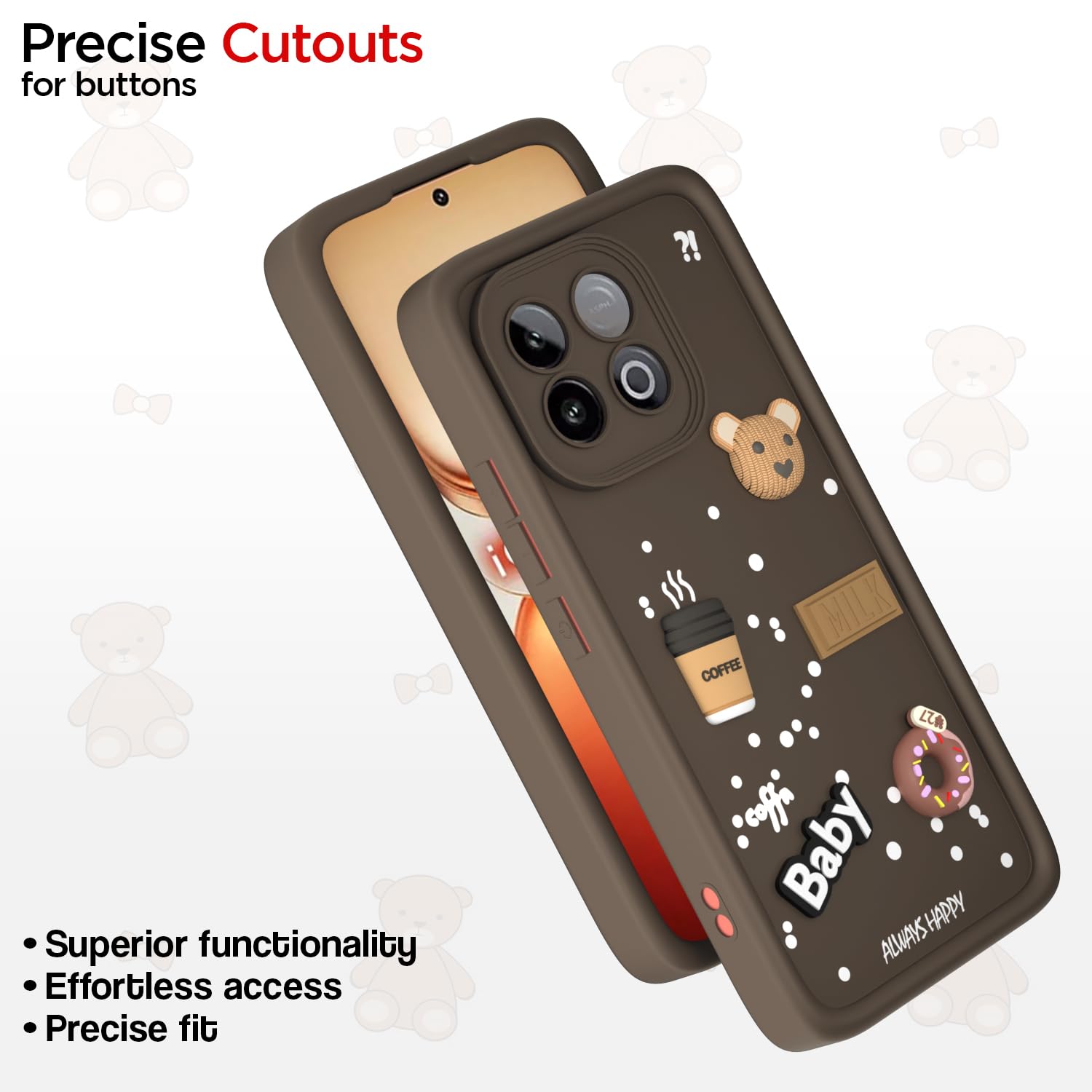Pikkme iQOO Neo 10 5G / Vivo Y300 GT 5G Cute Fun Cartoon 3D Bear Coffee Back Cover (Brown)