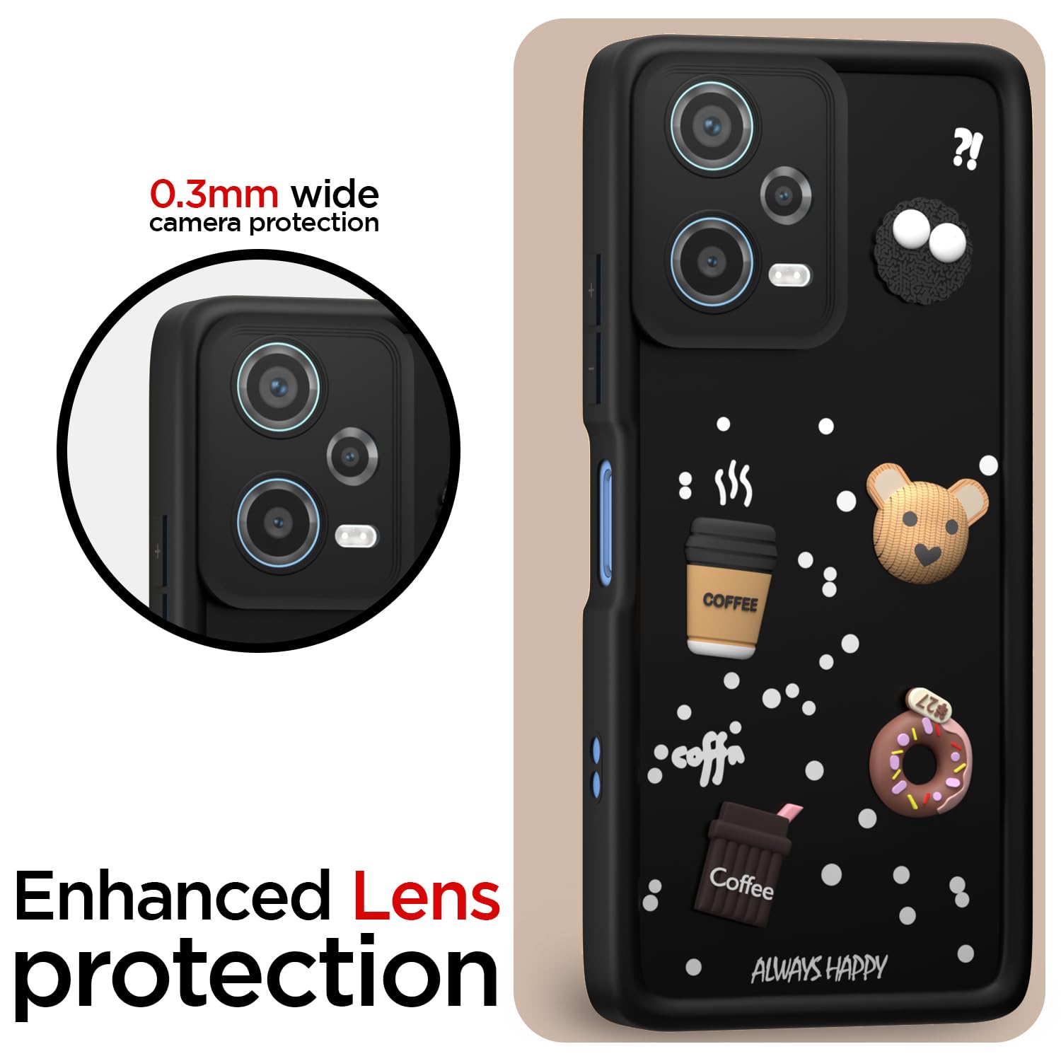 Pikkme Redmi Note 12 Pro 5G Cute Fun Cartoon 3D Bear Coffee Back Cover (Black)