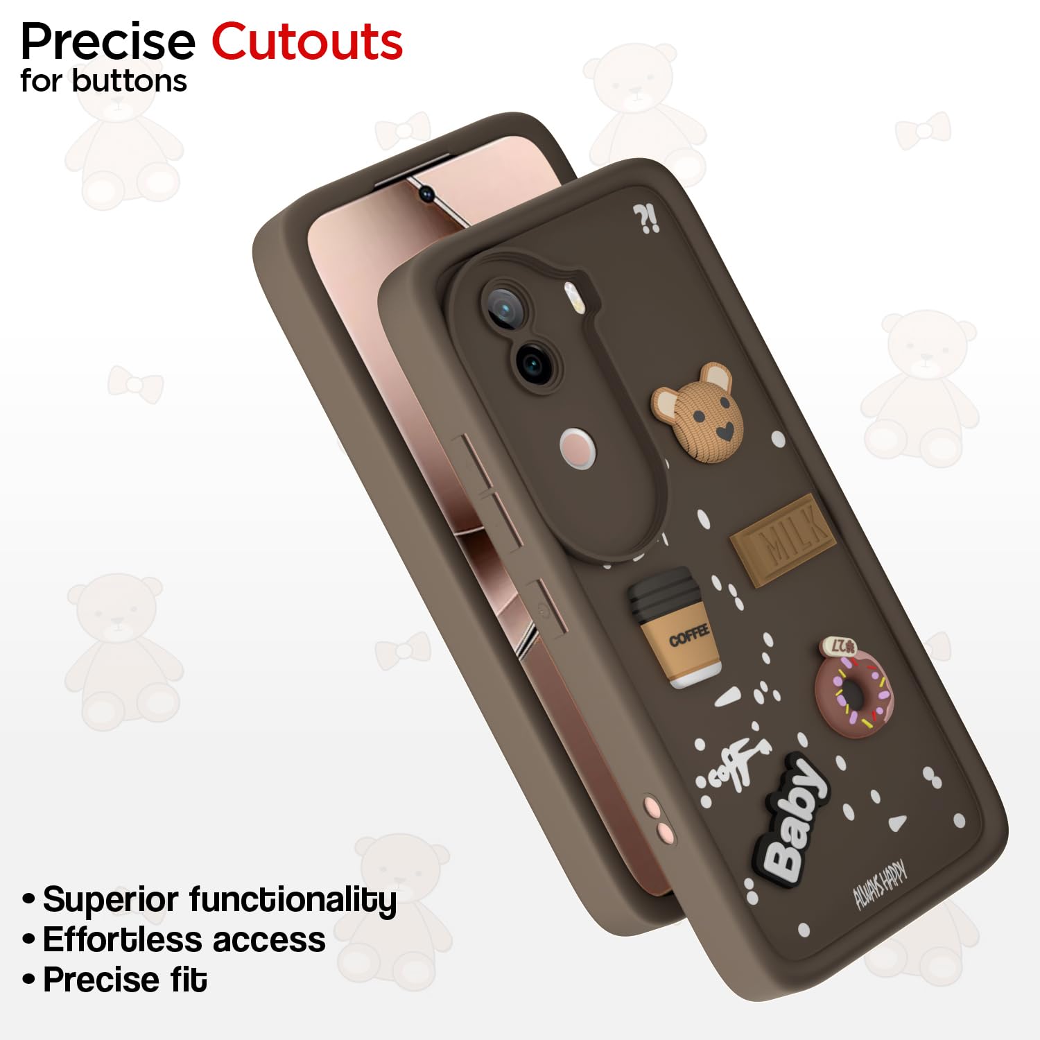 Pikkme iQoo Z9s 5G / Vivo V40e 5G Cute Fun Cartoon 3D Bear Coffee Back Cover (Brown)