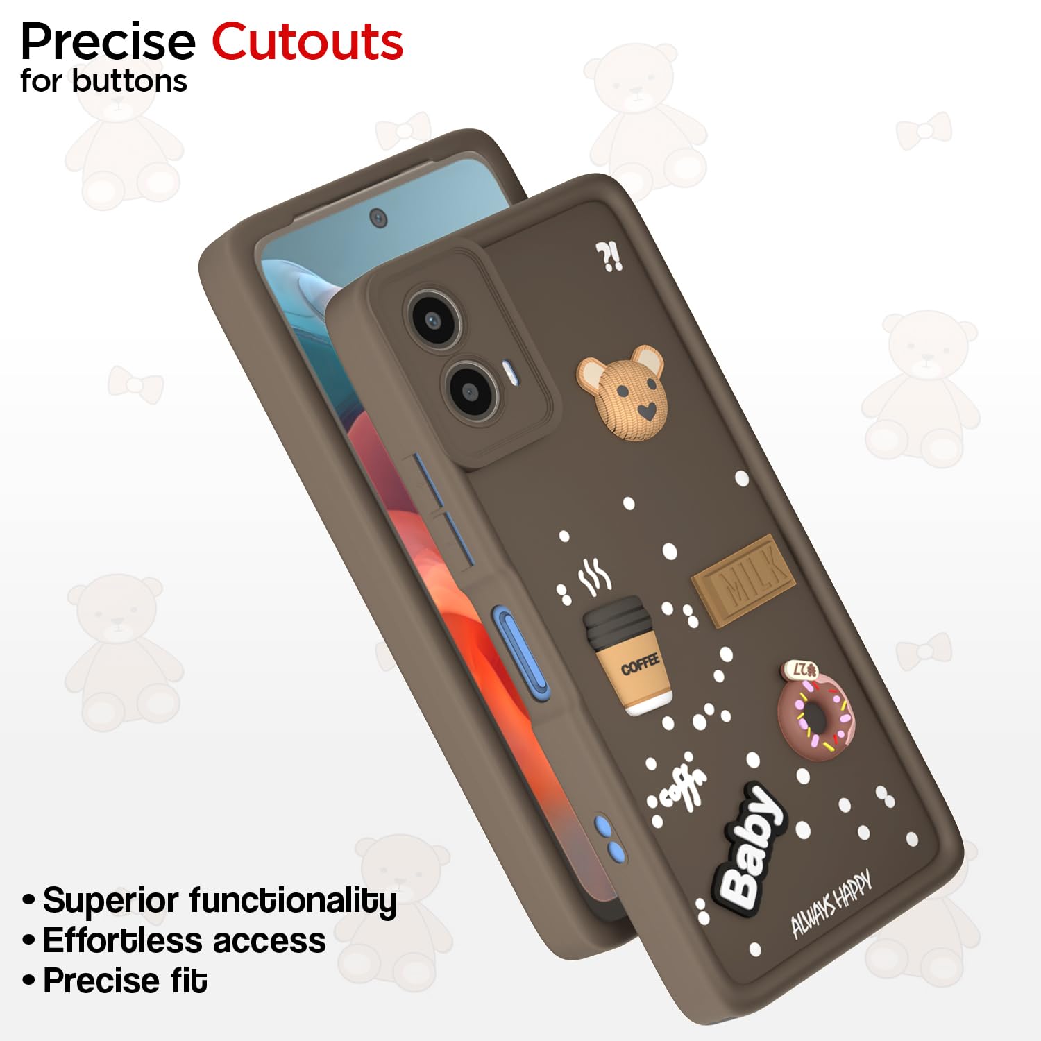Pikkme Moto G34 / G45 5G Cute Fun Cartoon 3D Bear Coffee Back Cover (Brown)