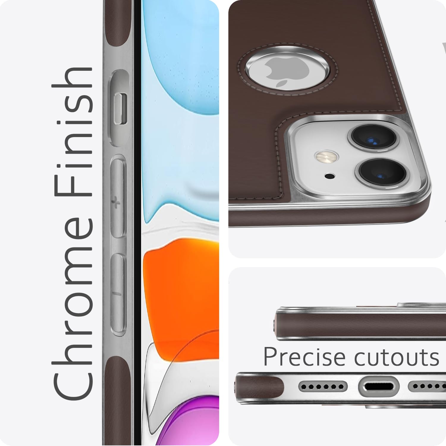 Pikkme iPhone 11 Silver Electroplated Chrome Leather Back Cover (Coffee)