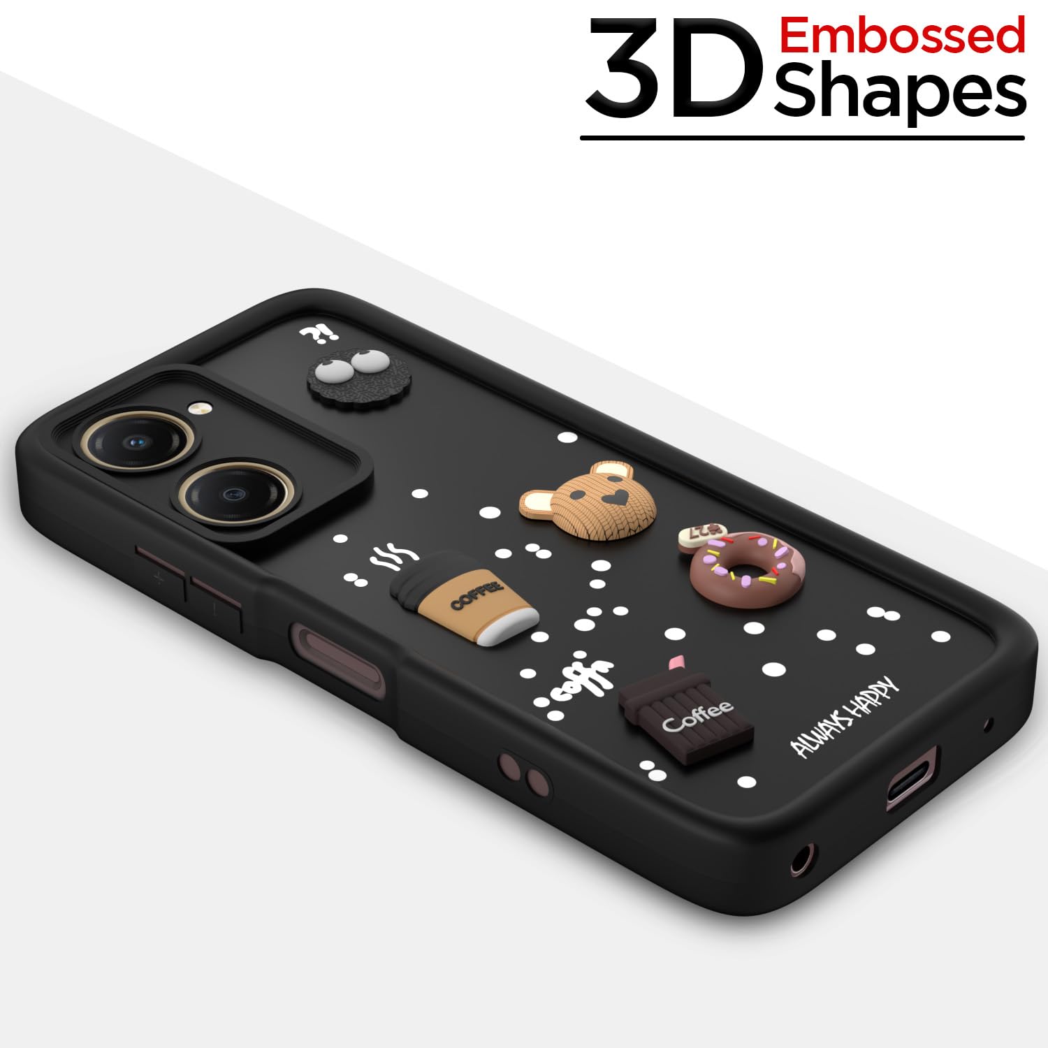 Pikkme iQOO Z9 Lite 5G / Vivo T3 Lite 5G / Vivo Y18 / Y18e / Y03 Cute Fun Cartoon 3D Bear Coffee Back Cover (Black)