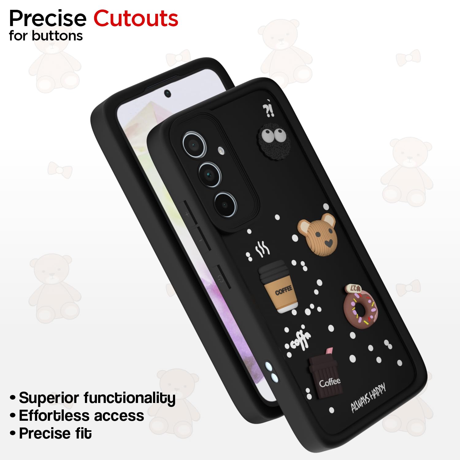 Pikkme Samsung Galaxy A35 5G Cute Fun Cartoon 3D Bear Coffee Back Cover (Black)