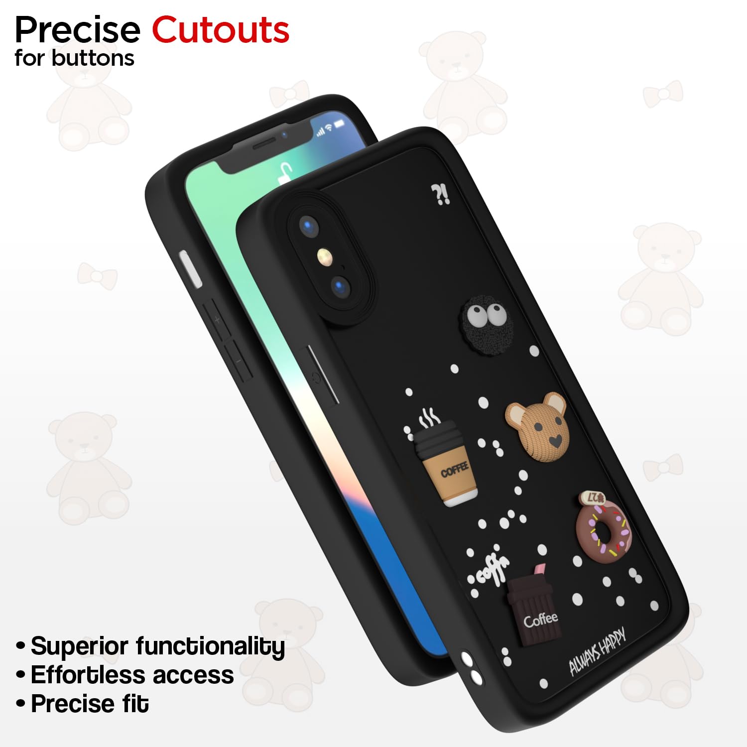 Pikkme iPhone X/Xs Cute Fun Cartoon 3D Bear Coffee Back Cover (Black)