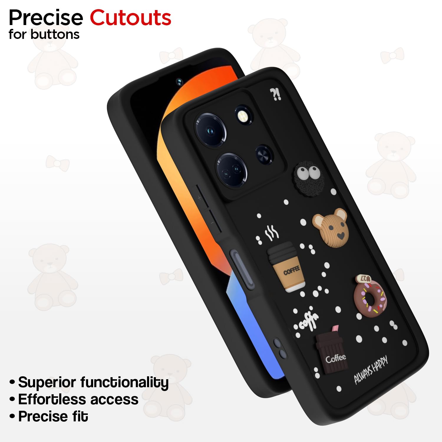 Pikkme Infinix Note 30 5G Cute Fun Cartoon 3D Bear Coffee Back Cover (Black)