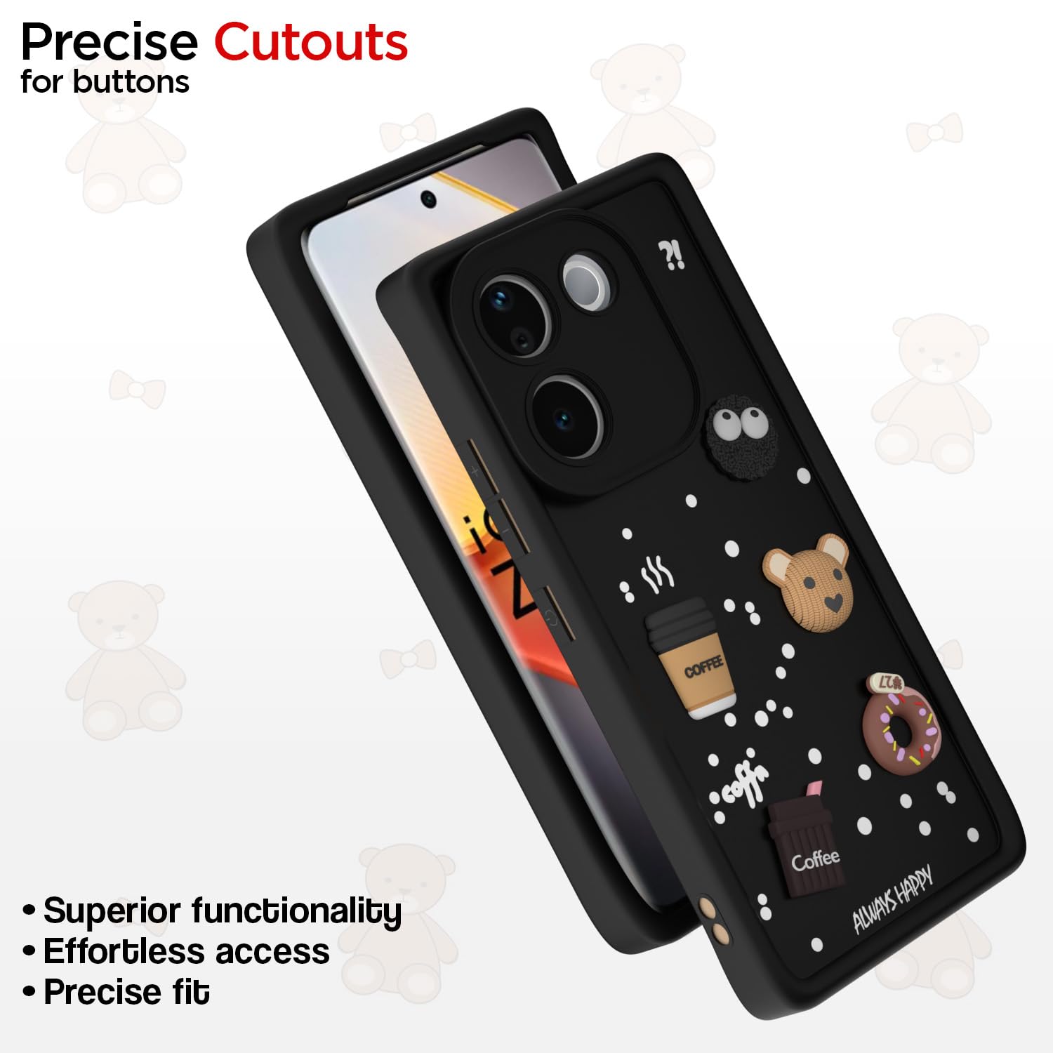 Pikkme Vivo T3 Pro 5G / iQOO Z9s Pro 5G Cute Fun Cartoon 3D Bear Coffee Back Cover (Black)