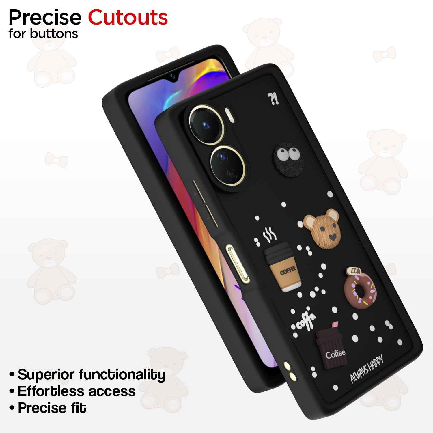 Pikkme Vivo Y16 / T2x / Y56 Cute Fun Cartoon 3D Bear Coffee Back Cover (Black)