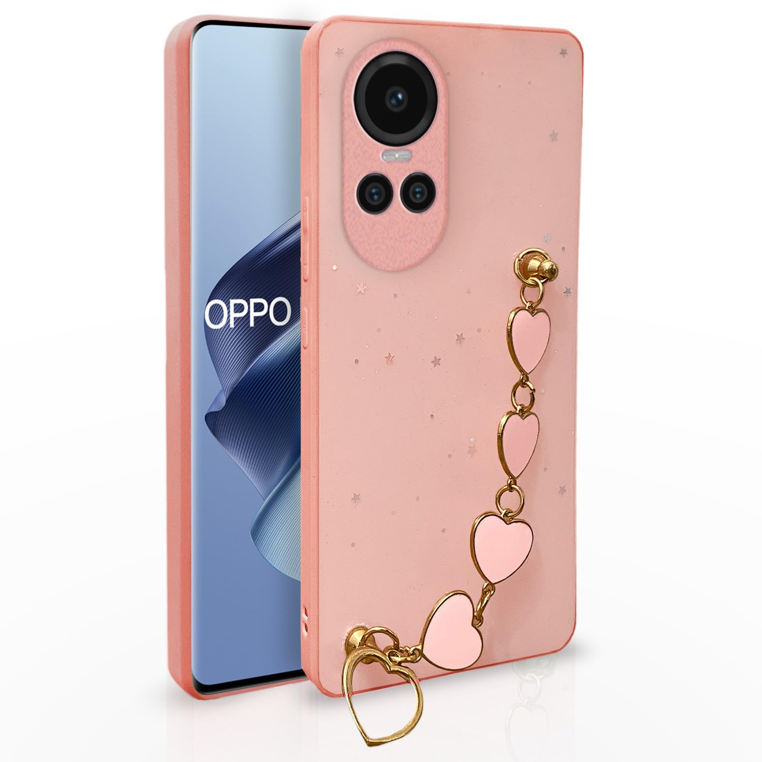 Pikkme Oppo Reno 10 5G Back Cover for Girls | Heart Shaped Metal Chain Blocks | Sparkling Soft TPU | Case for Oppo Reno 10 5G (Pink)