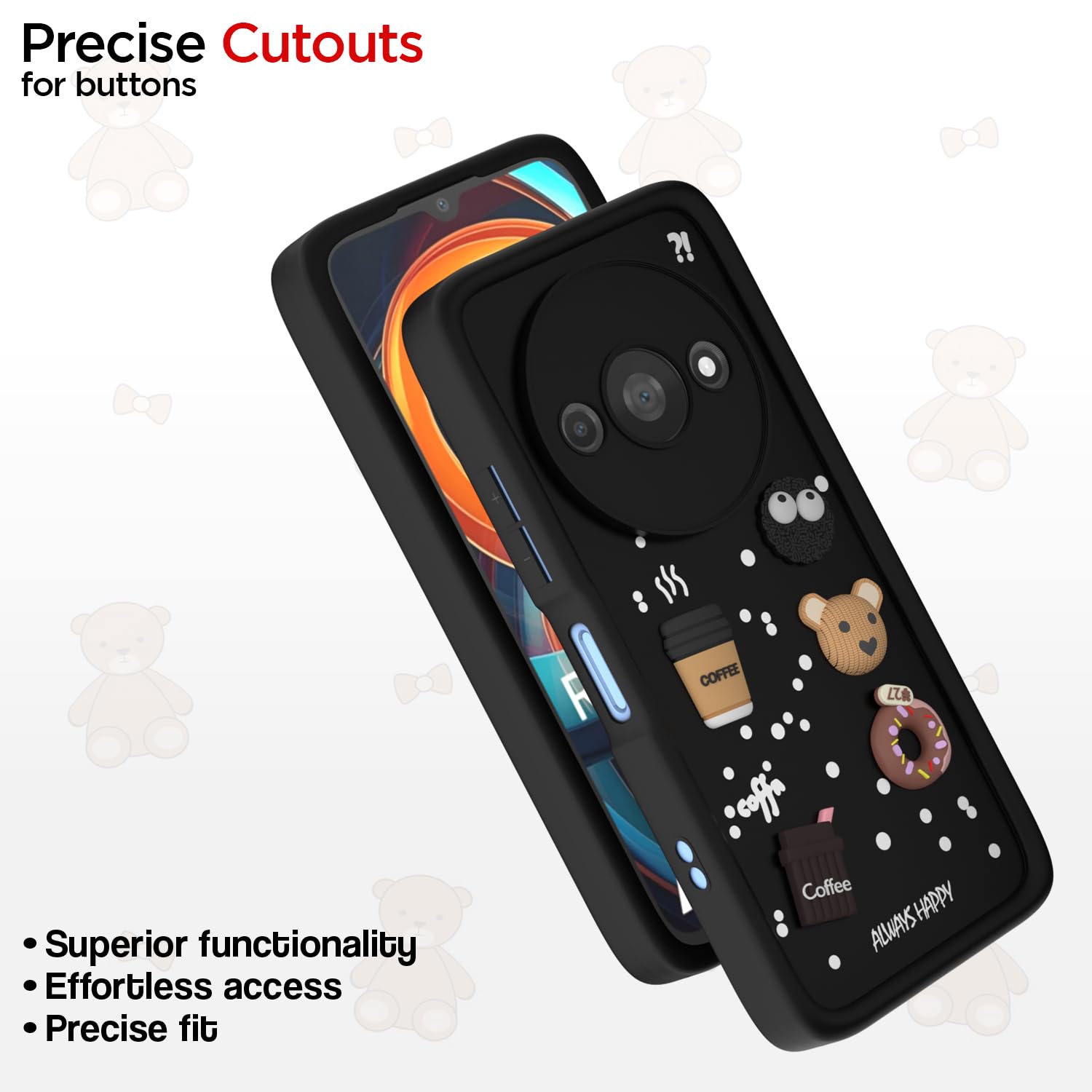 Pikkme Redmi A3 (2024) / Redmi A3x / Poco C61 Cute Fun Cartoon 3D Bear Coffee Back Cover (Black)