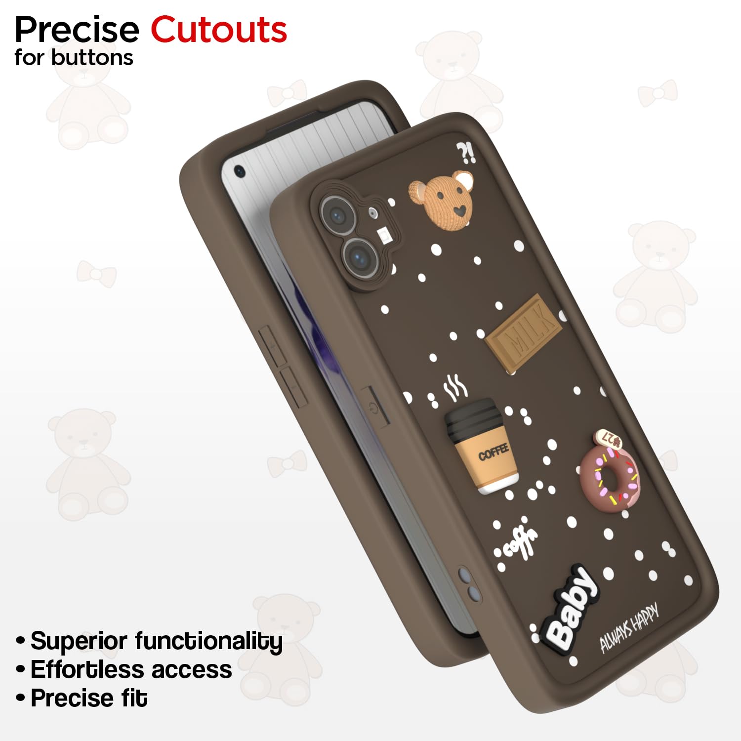 Pikkme Nothing Phone 1 Cute Fun Cartoon 3D Bear Coffee Back Cover (Brown)