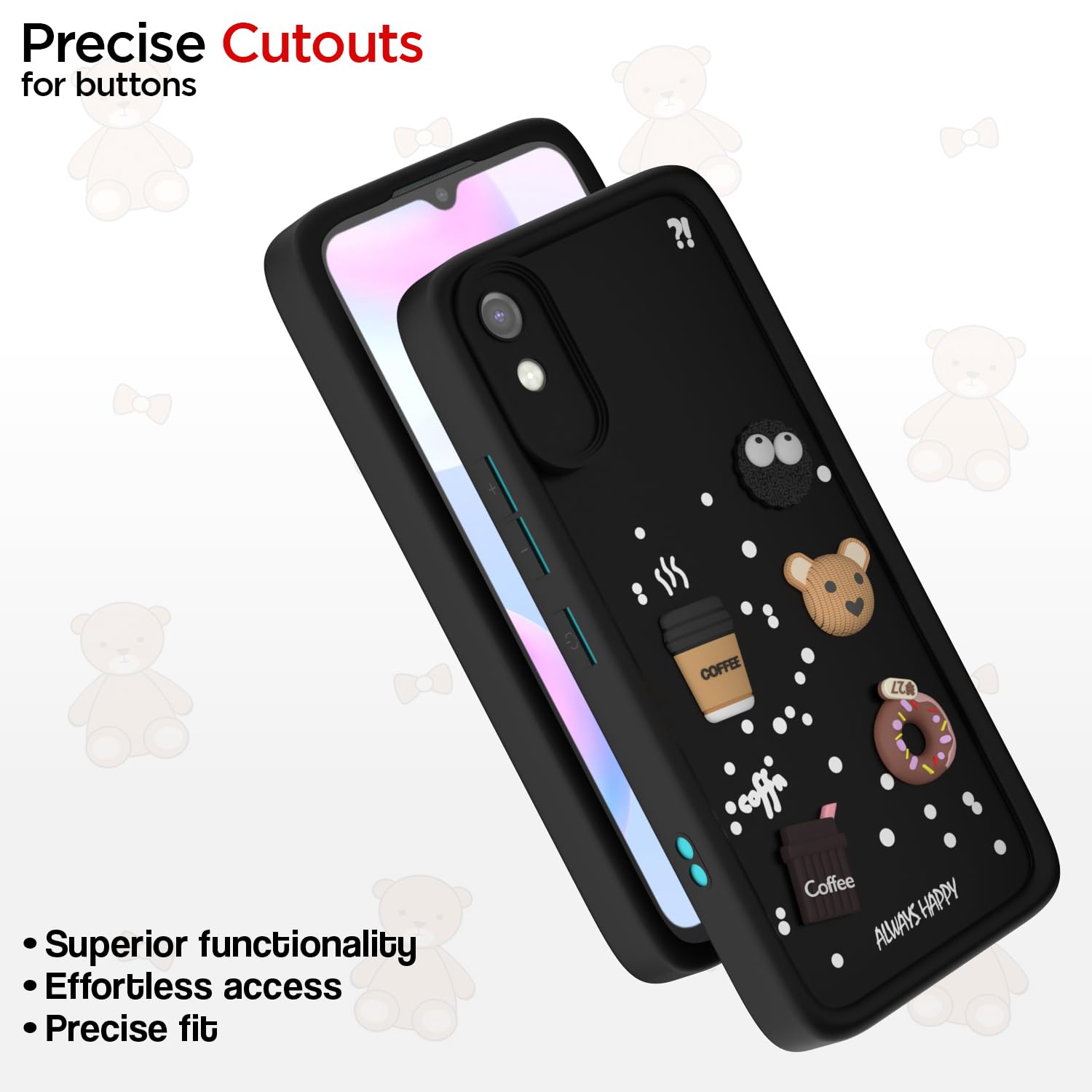 Pikkme Redmi 9A / 9i / 9A Sport Cute Fun Cartoon 3D Bear Coffee Back Cover (Black)