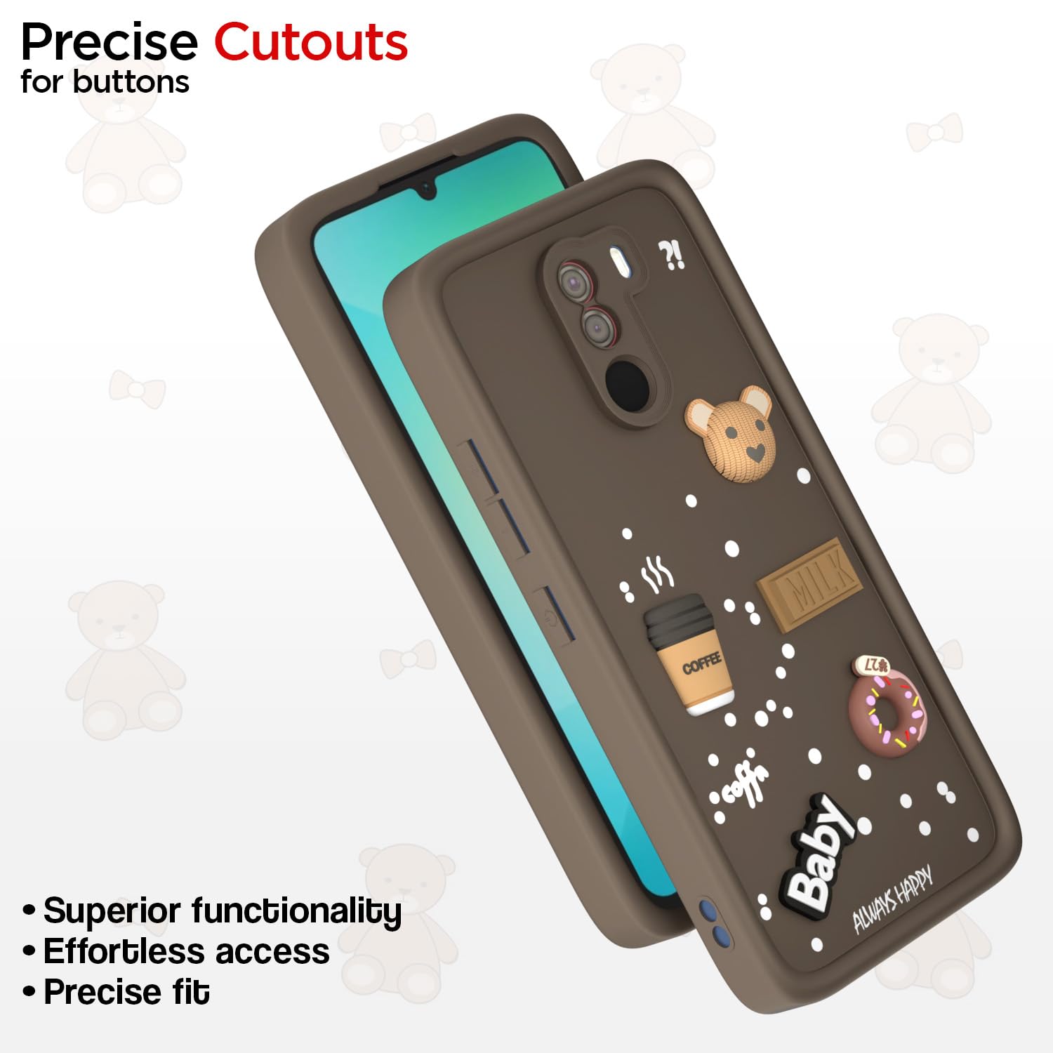 Pikkme Poco F1 Cute Fun Cartoon 3D Bear Coffee Back Cover (Brown)