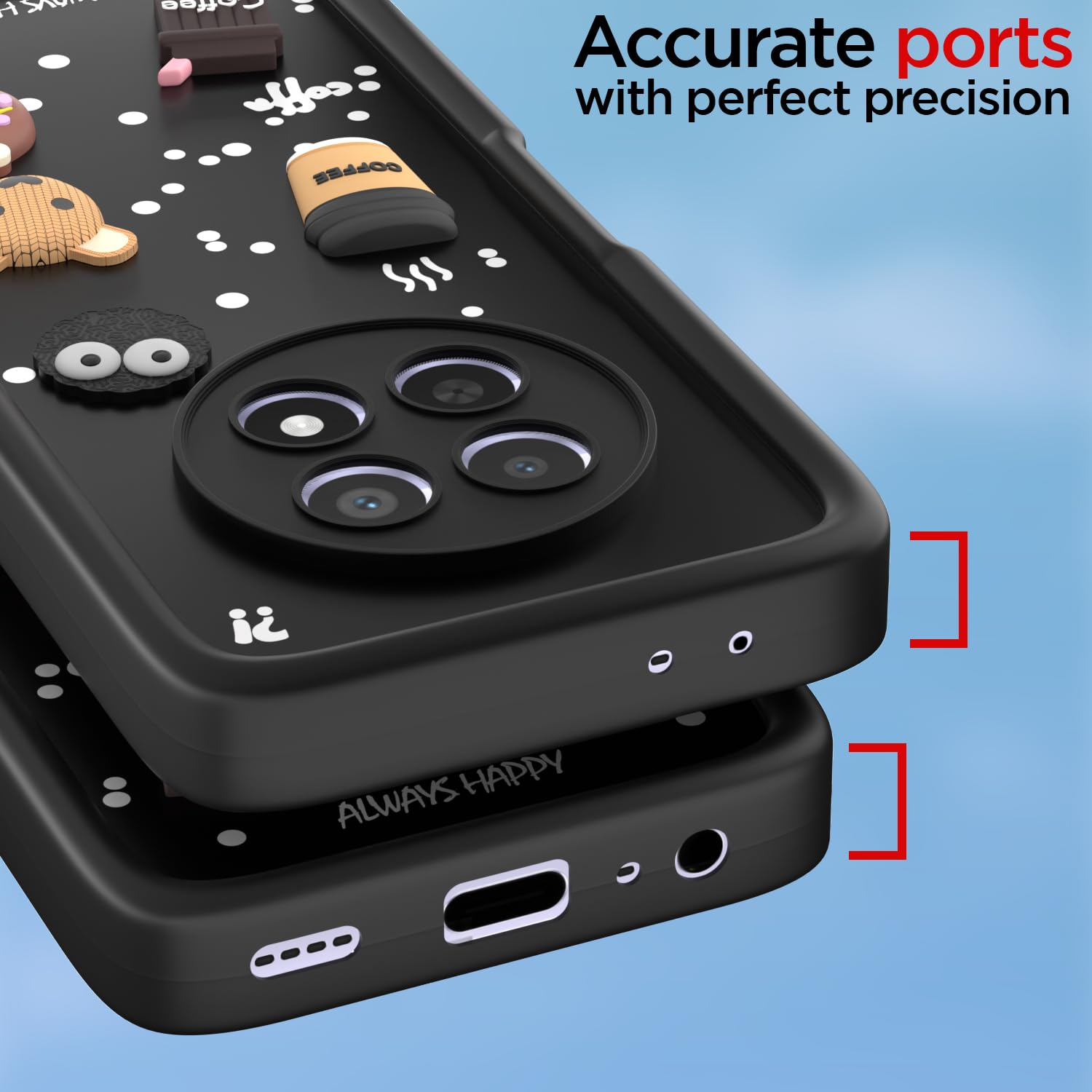 Pikkme Realme Narzo 70x 5G / N65 / Realme 13/12 / 12X 5G / C65 Cute Fun Cartoon 3D Bear Coffee Back Cover (Black)