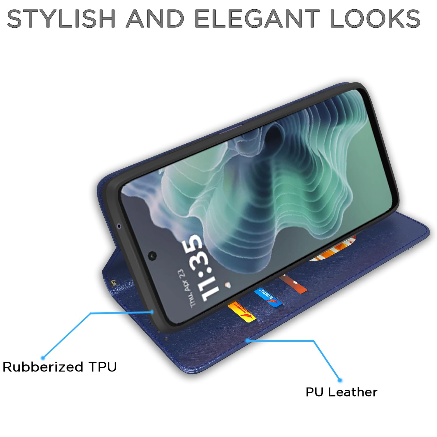 Pikkme Motorola Moto G35 5G Premium Leather Magnetic Flip Cover (Blue)