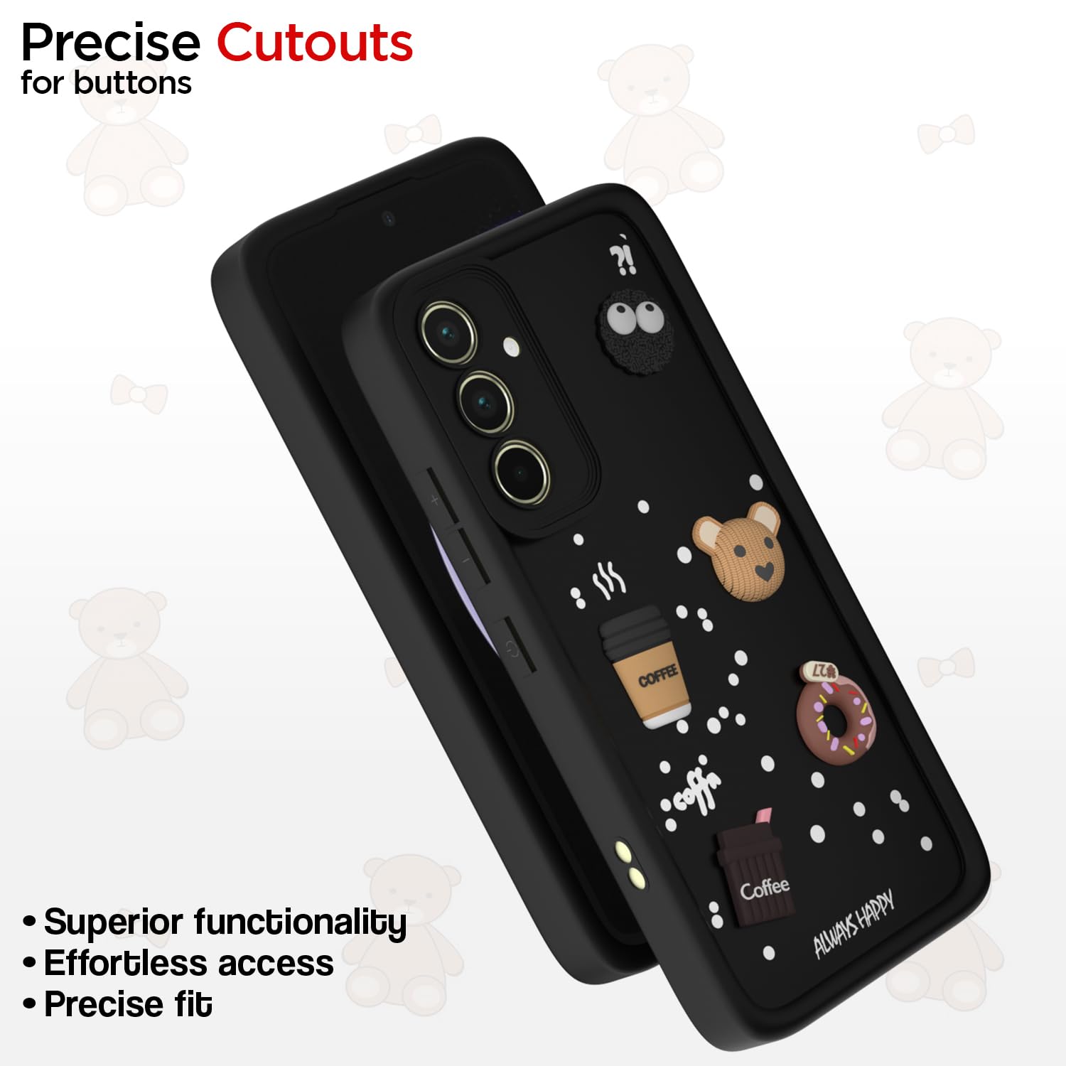 Pikkme Samsung Galaxy A55 5G Cute Fun Cartoon 3D Bear Coffee Back Cover (Black)