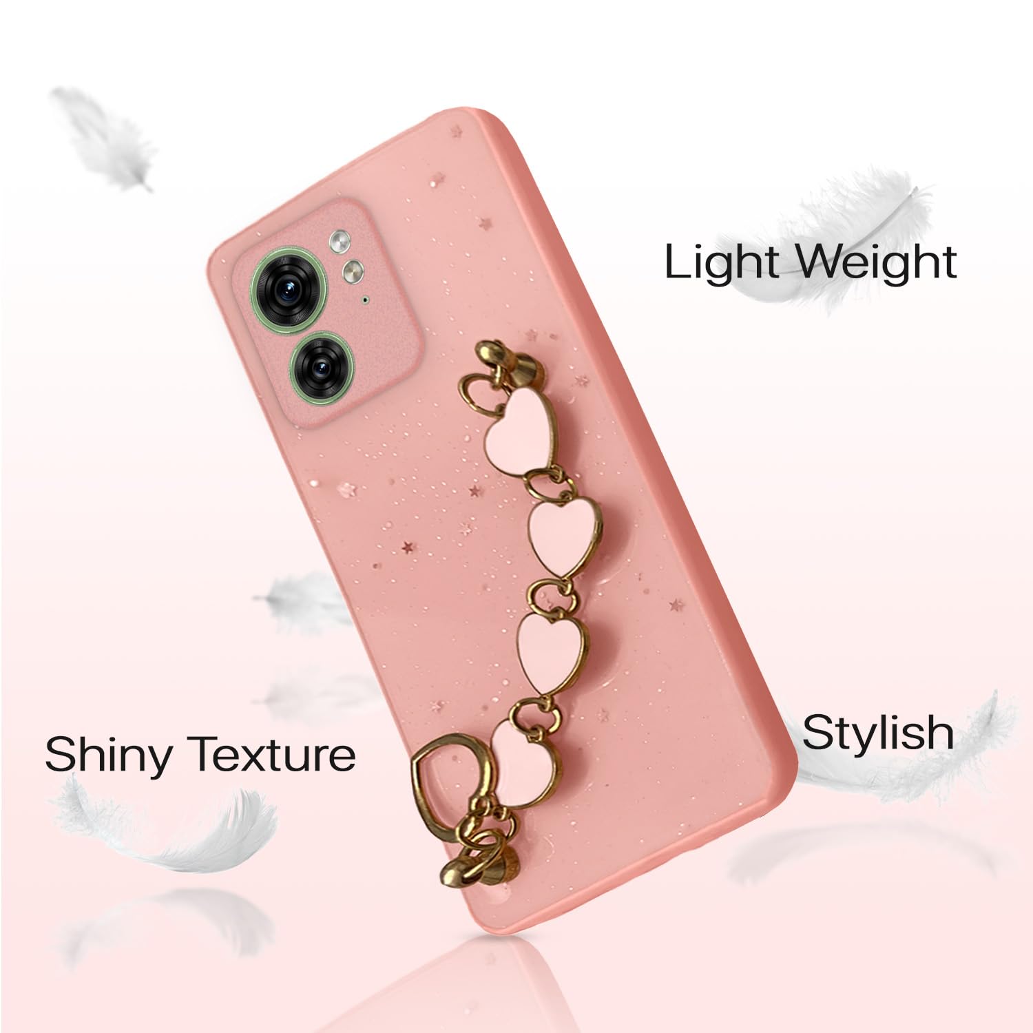 Pikkme Moto Edge 40 Back Cover for Girls | Heart Shaped Metal Chain Blocks | Sparkling Soft TPU | Case for Moto Edge 40 (Pink)