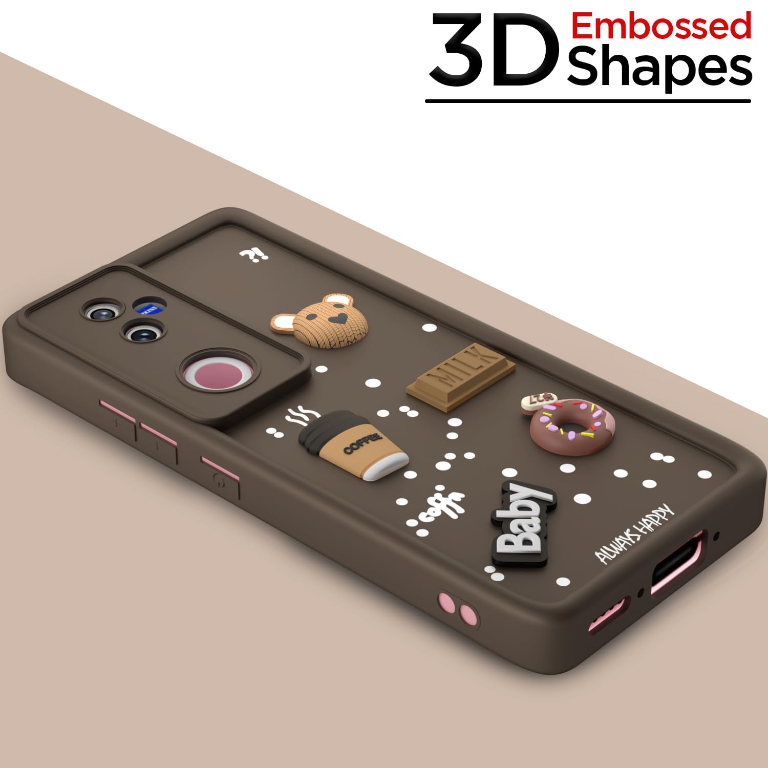 Pikkme Vivo V50 5G Cute Fun Cartoon 3D Bear Coffee Back Cover (brown)