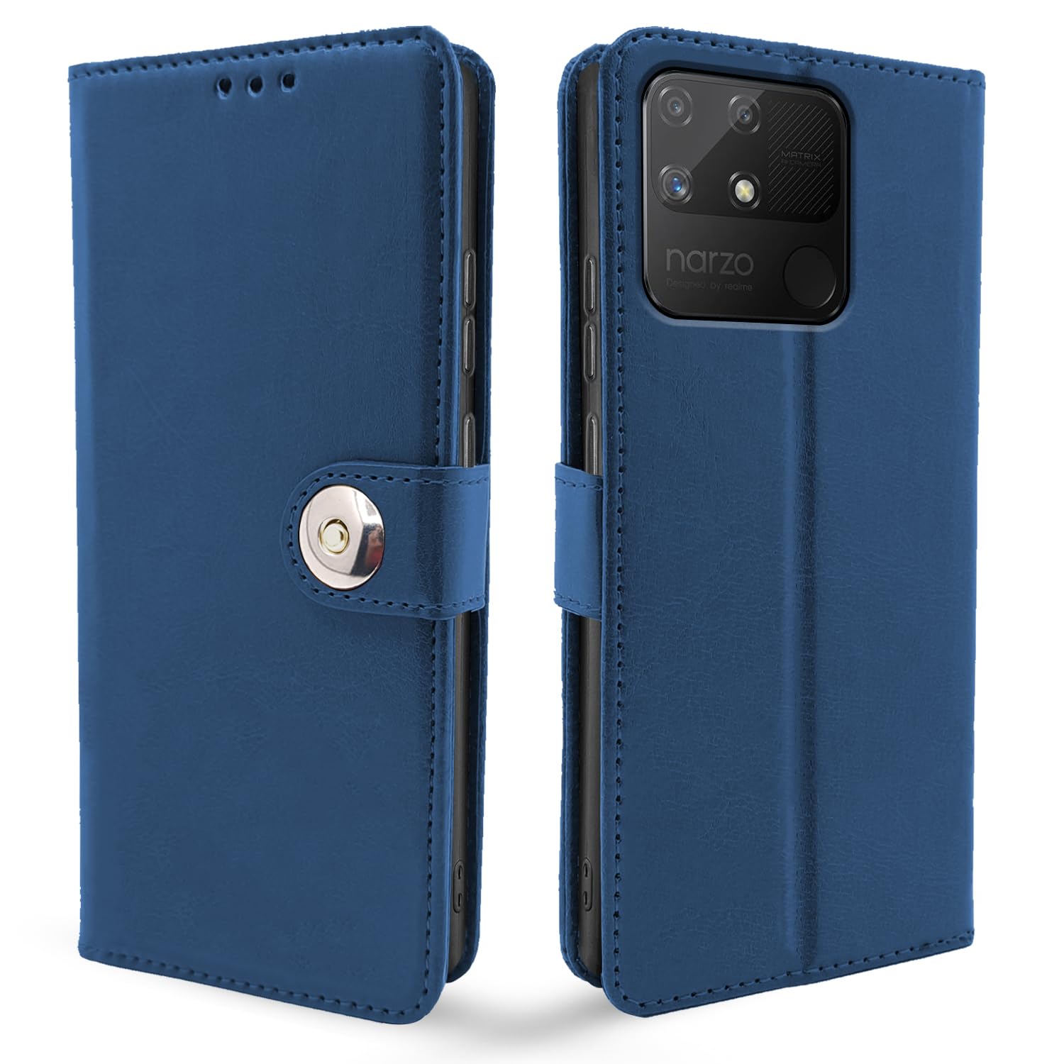 Realme Narzo 50A Button mobile flip cover in blue by Pikkme