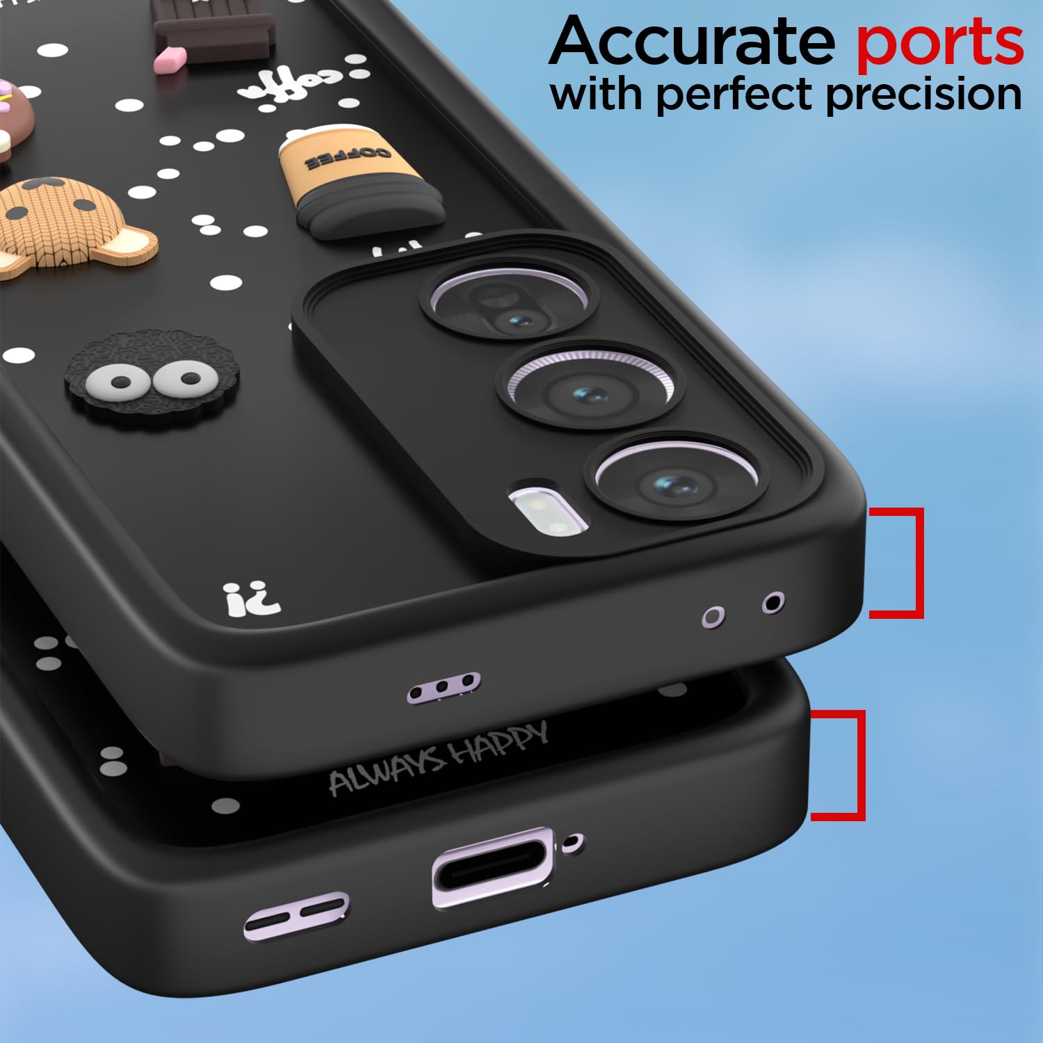 Pikkme Oppo Reno 12 Pro 5G Cute Fun Cartoon 3D Bear Coffee Back Cover (Black)