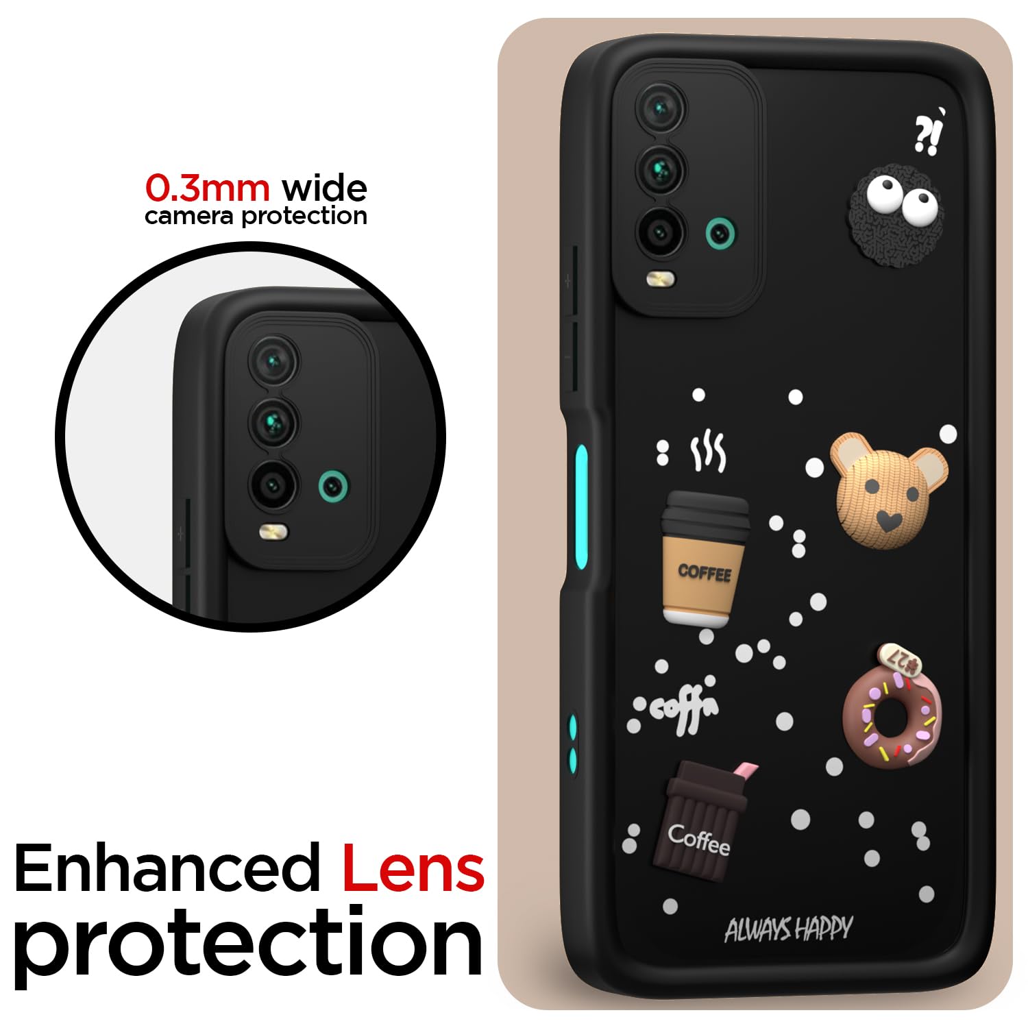 Pikkme Redmi 9 Power/Poco M3 Cute Fun Cartoon 3D Bear Coffee Back Cover (Black)