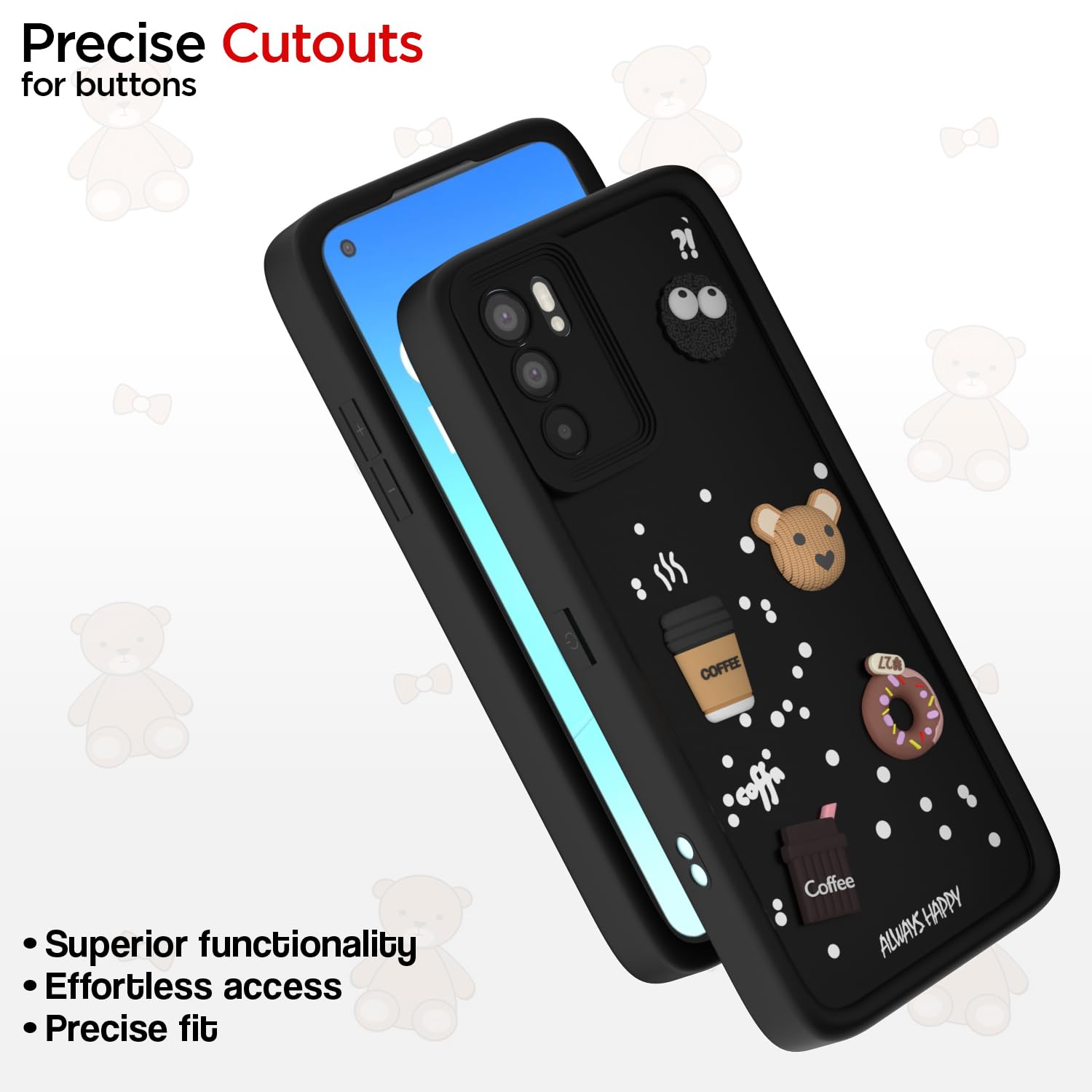 Pikkme Oppo Reno 6 5G Cute Fun Cartoon 3D Bear Coffee Back Cover (Black)